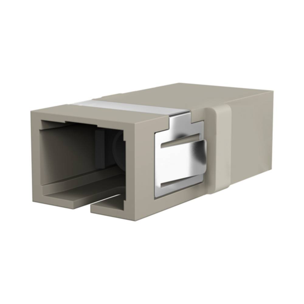 Beige rechteckiger Elektrostecker mit metallischer Verriegelungsklinke, in 3D auf weißem Hintergrund dargestellt.