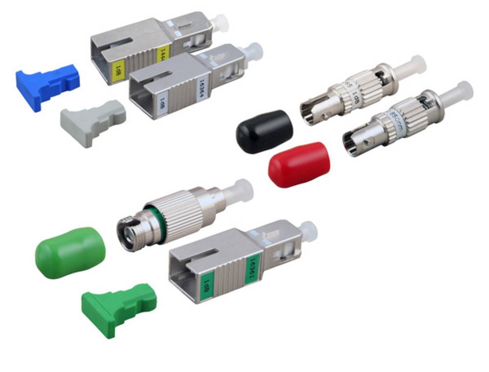 Verschiedene Komponenten von Lichtwellenleitern-Steckverbindern und Staubkappen, die auf weißem Hintergrund dargestellt sind, einschließlich Metallstecker und blauer, grauer, grüner, roter und schwarzer Schutzkappe.