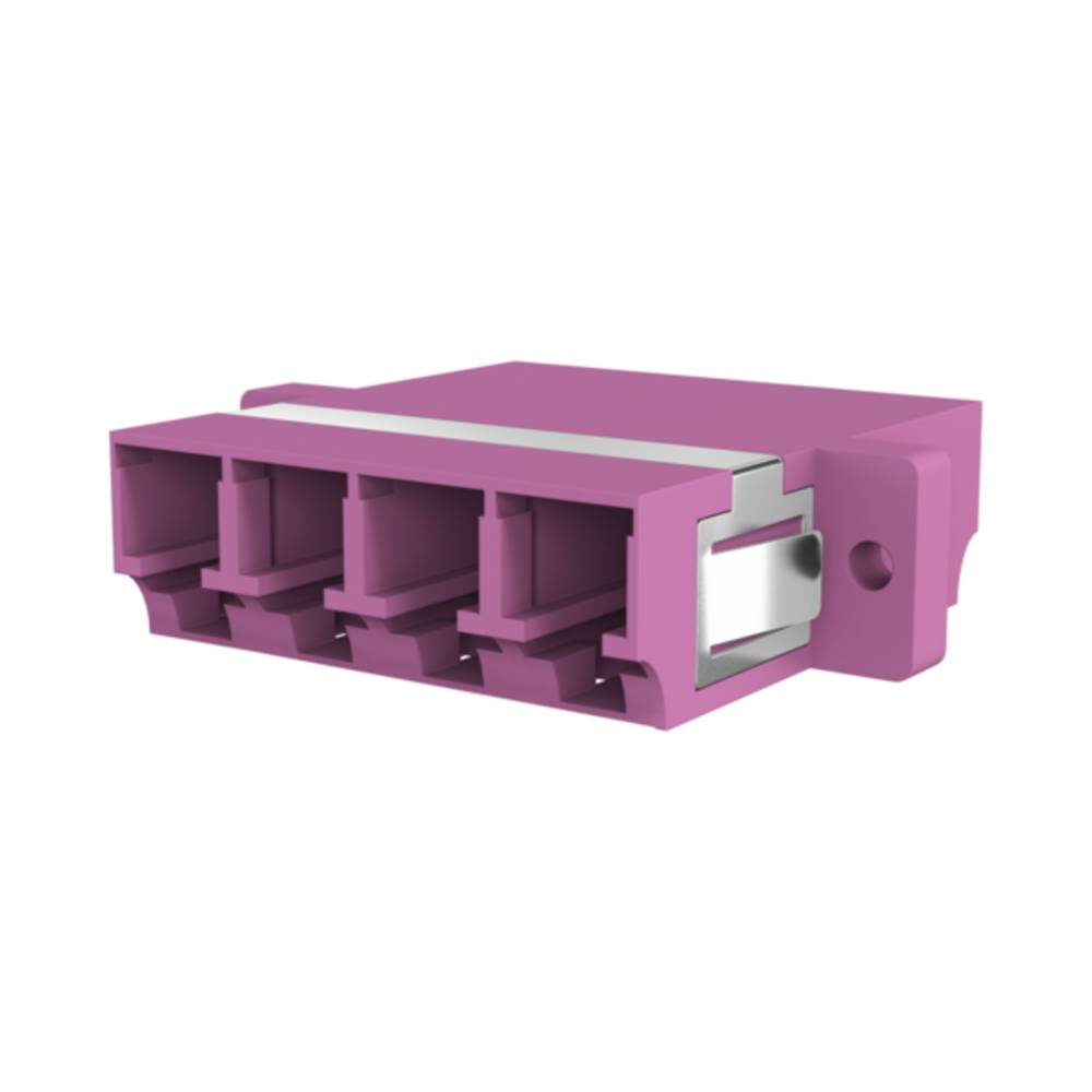 Violetter Faseroptik-Vier-Port-Stecker mit Metallverriegelung, dargestellt auf weißem Hintergrund.