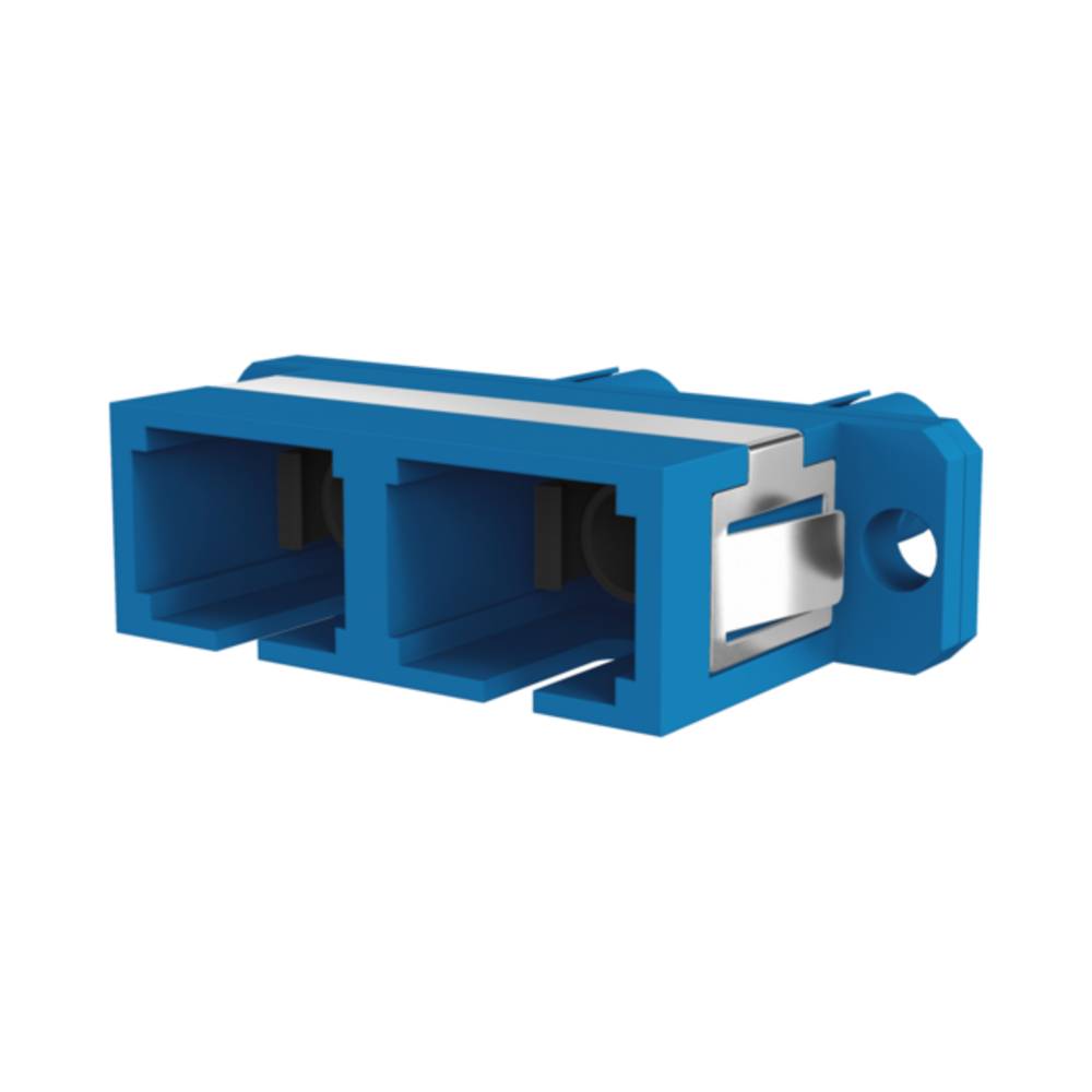 Blauer Lichtwellenleiterstecker-Adapter mit zwei rechteckigen Anschlüssen und einer Befestigungsbohrung auf der rechten Seite