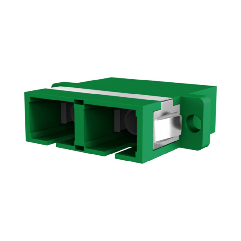 Grüner optischer Faserverbinder mit rechteckigem Stecker und Metallverriegelung auf weißem Hintergrund.