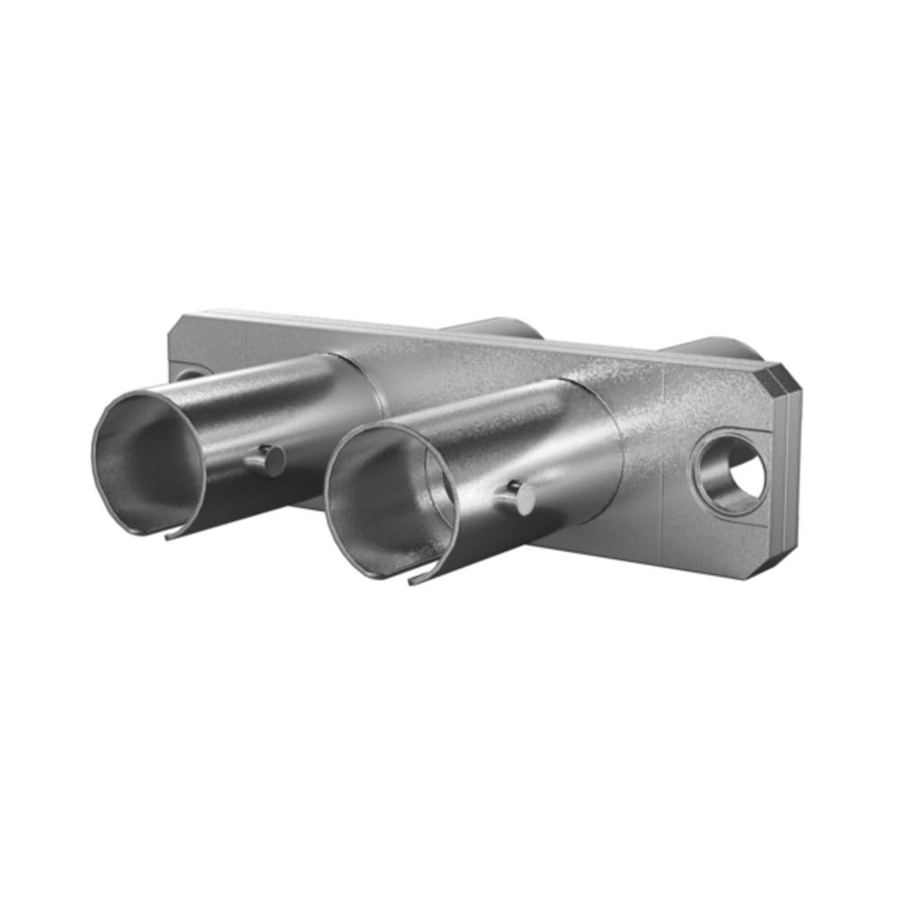 Metallischer Verbinderblock mit zwei zylindrischen Rohrverbindungen und einer seitlichen Öffnung, dargestellt auf weißem Hintergrund.