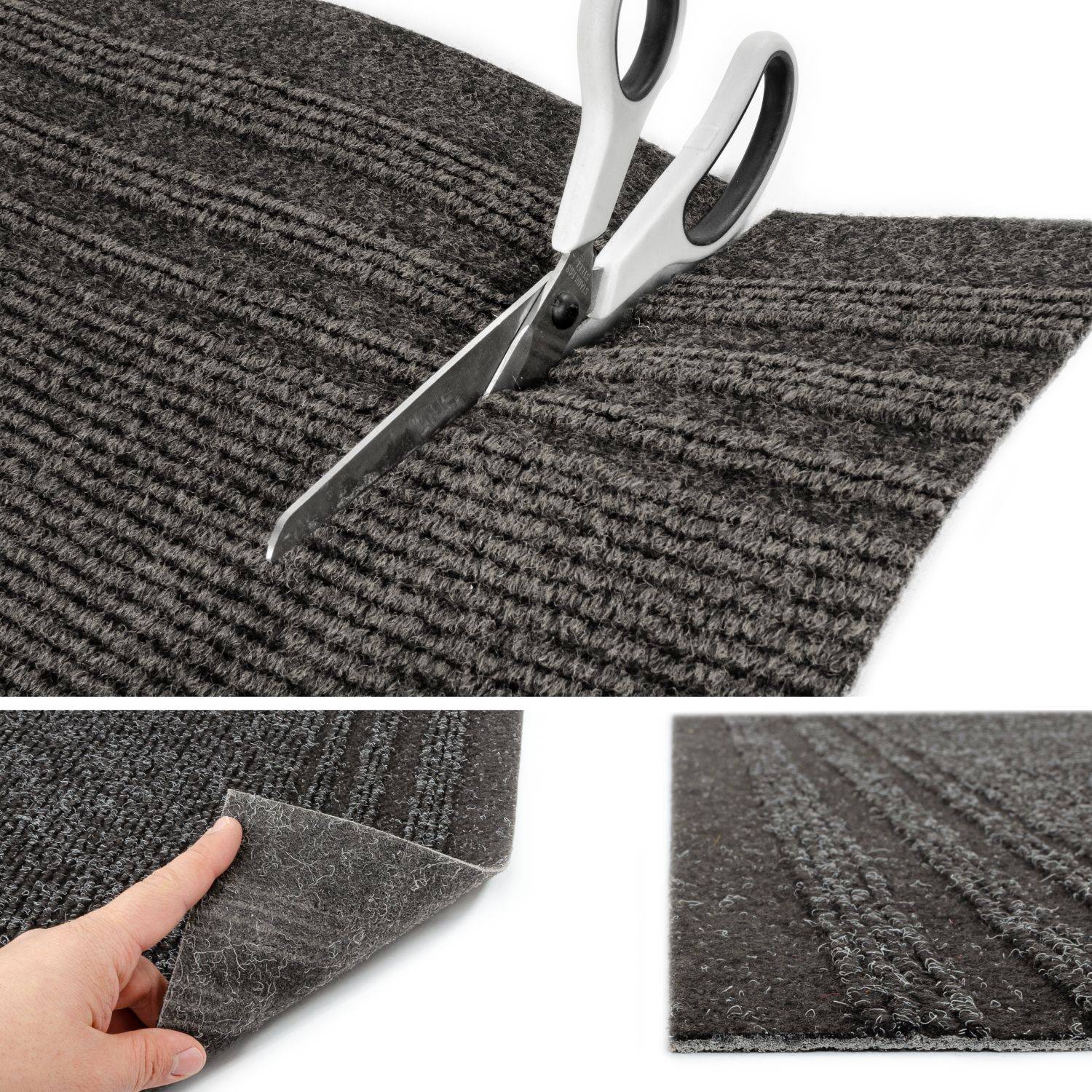 Schere schneidet einen dunklen strukturierten Stoff; die Einfügung zeigt einen Finger, der die Rückseite anhebt, um eine dünne Klebstoffschicht auf dem Material zu offenbaren.
