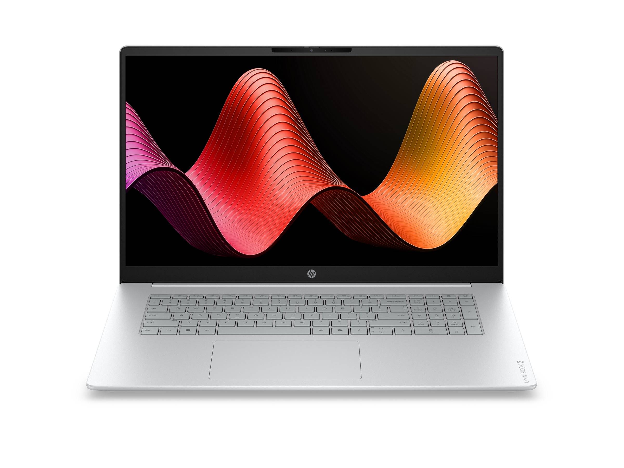 Silberner Laptop mit offenen Bildschirm und schwarzem Hintergrund, auf dem bunte fließende Wellengrafiken in Pink, Rot und Orange angezeigt werden.