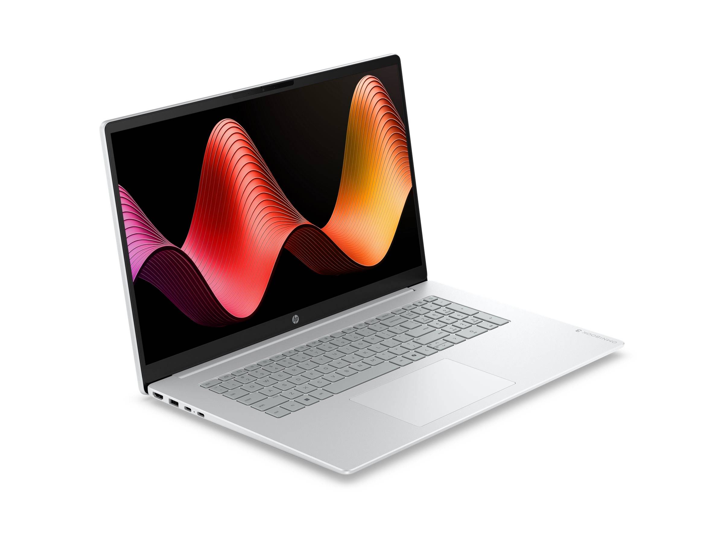 Silberner HP-Laptop im offenen Zustand in einem Winkel positioniert, zeigt ein buntes abstraktes Wellen-Hintergrundbild auf dem Bildschirm