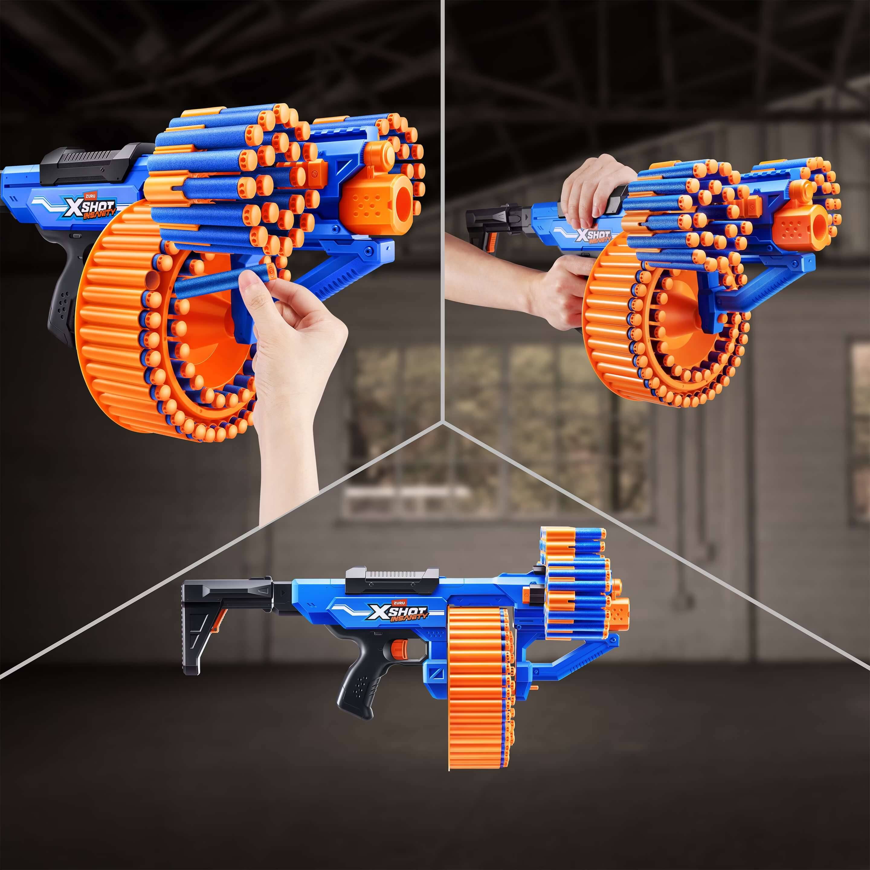 Blau-orangener X-Shot-Schaumstoff-Dartblaster in drei Konfigurationen: tragbar, mit Vordergriff und Schulterstütze, mit großen rotierenden Darttrommeln.