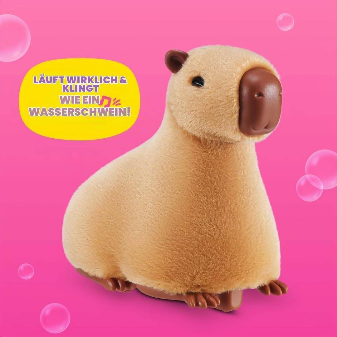 Ein plüschiger Capybara-Spielzeug auf rosa Hintergrund mit Blasen, daneben gezeigt mit deutschem Text, der sagt, es „klingt wie ein Capybara" und „läuft wirklich und klingt wie ein Capybara""?