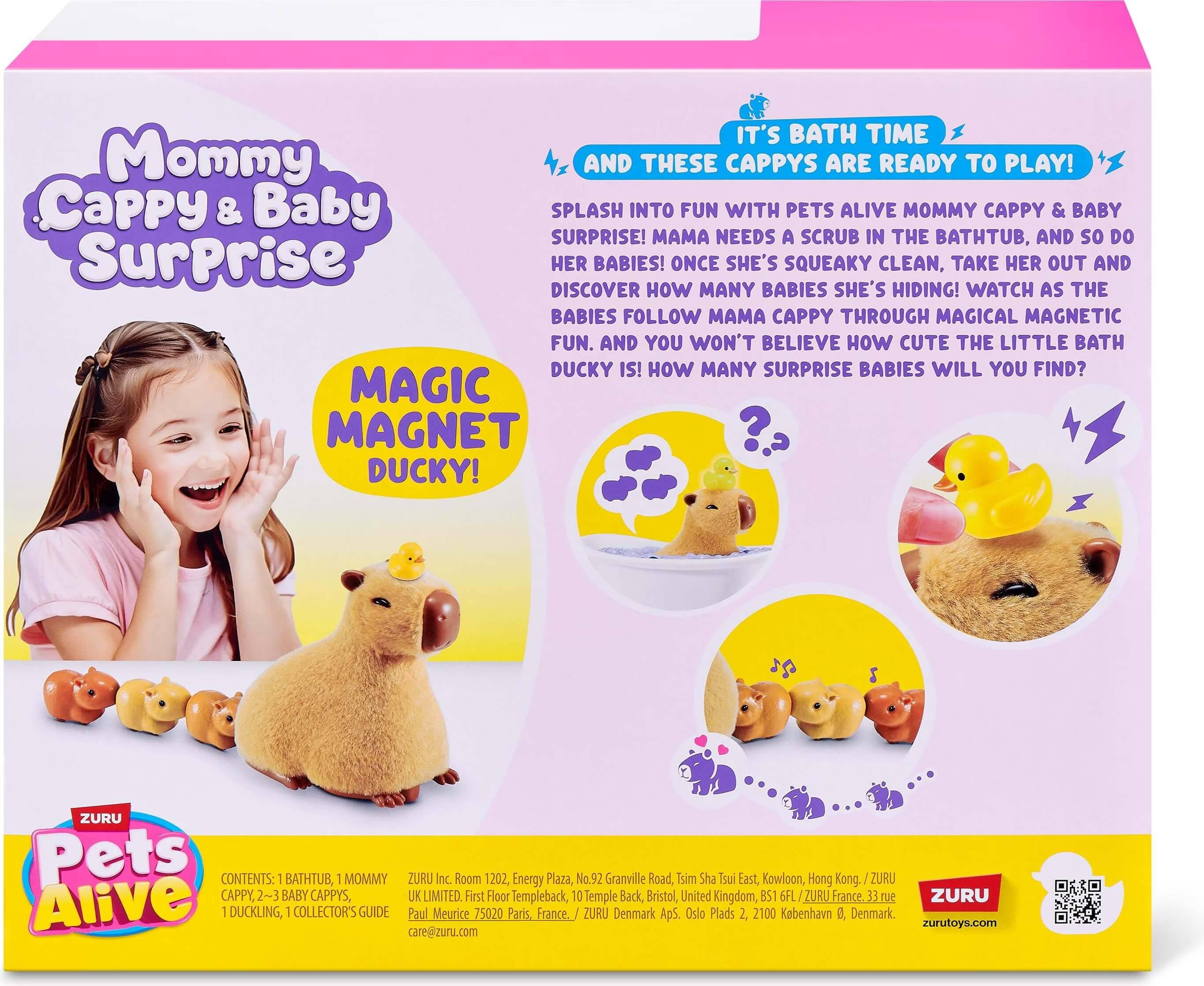 Verpackung für „Mommy Cappy & Baby Surprise" Magic Magnet Ducky Badespielzeug, zeigt ein Kind, Entenspielzeug und überraschte Babys.