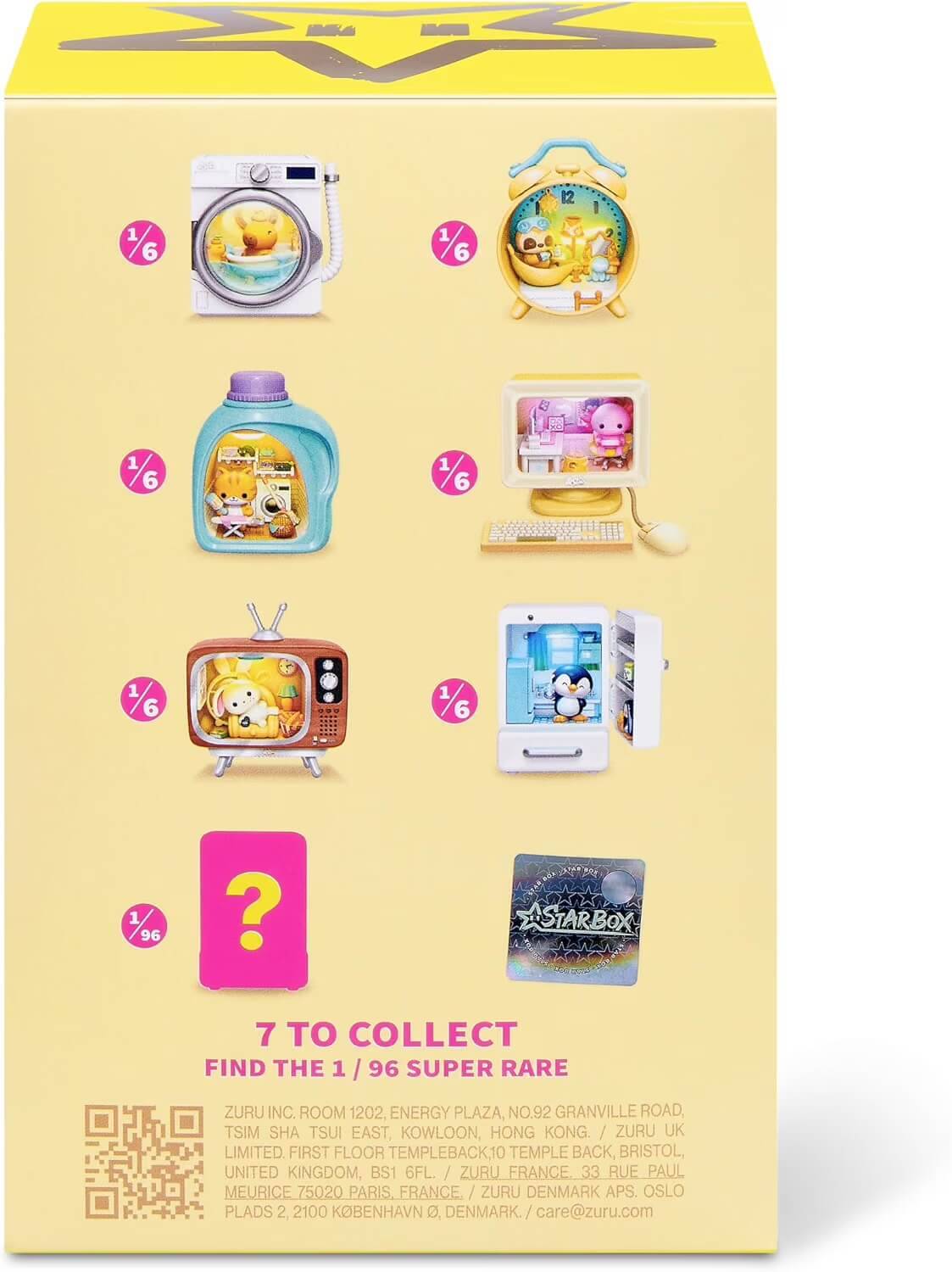 Sammeln Sie alle 7 Figuren, einschließlich 1 von 96 super seltenen, gezeigt als sortierte Spielzeugstile auf einer Mystery-Box-Checkliste.