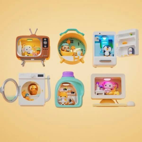 Sechs süße, spielzeugartige Mini-Geräte zeigen kleine Tierszenen im Inneren: Retro-Fernseher, runde Uhr, offener Kühlschrank, Waschmaschine, Flasche und Monitor.