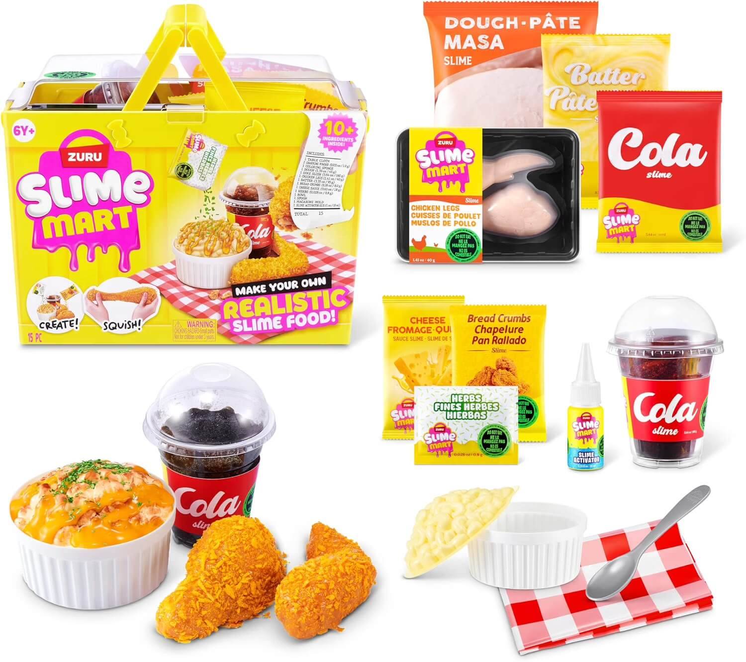 Verpackung und Inhalt von Zuru Slime Mart, ein Schleim-Handwerk-Set mit Lebensmitteln mit realistischen lebensmittelgestalteten Schleim-Objekten wie Pizza, Hähnchen in der Pfanne, Cola-Becher und Dessert-Formen.
