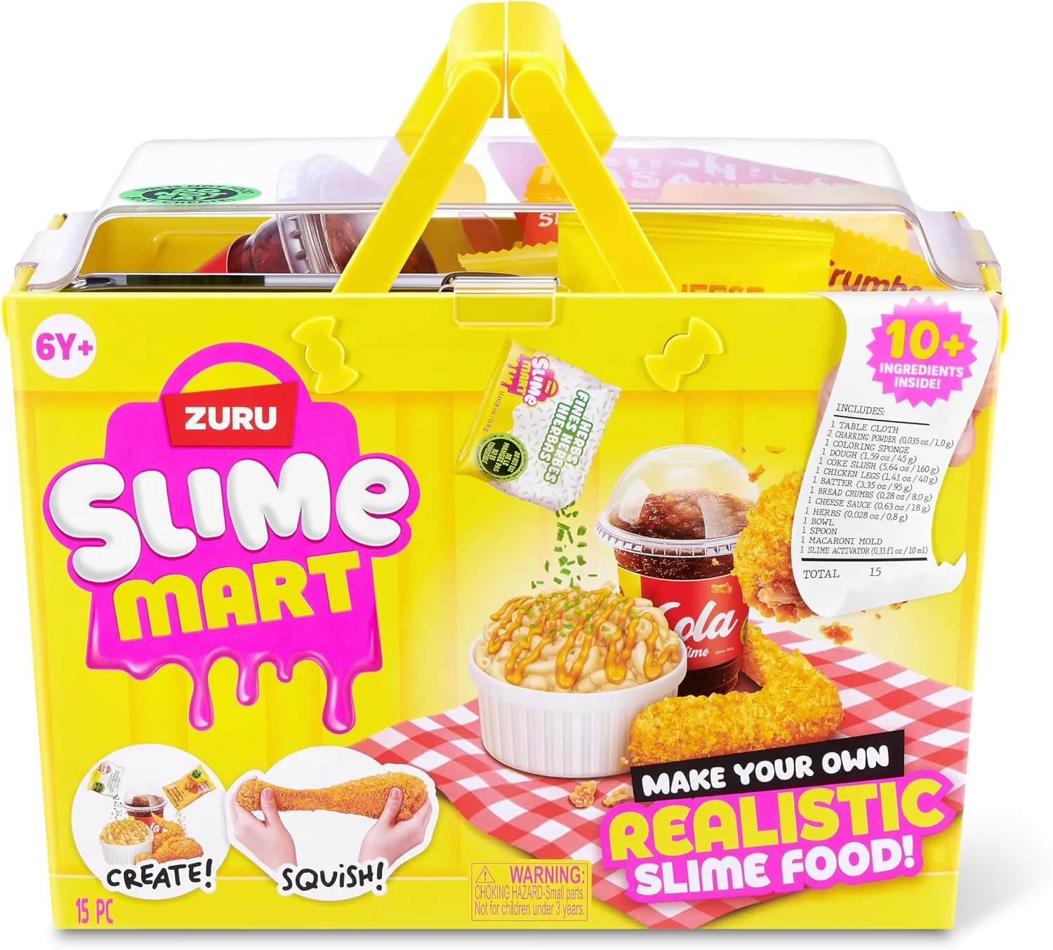 Gelbe ZURU Slime Mart Spielzeugbox mit Griff, zeigt „Stelle dein eigenes realistisches Schleim-Essen her", ab 6 Jahren, 10+ Zutaten, 15 Teile.