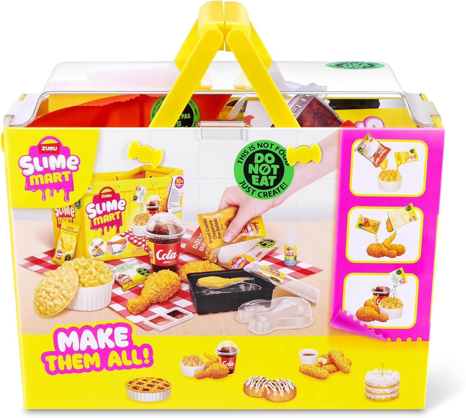 Spielzeug-Schleim-Mart Transportkoffer und Spielset mit lebensmittelthematischen Schleim-Mischungen und Spielzeugsnacks, gekennzeichnet mit "NICHT ESSEN"" und ""MACHE SIE ALLE!"