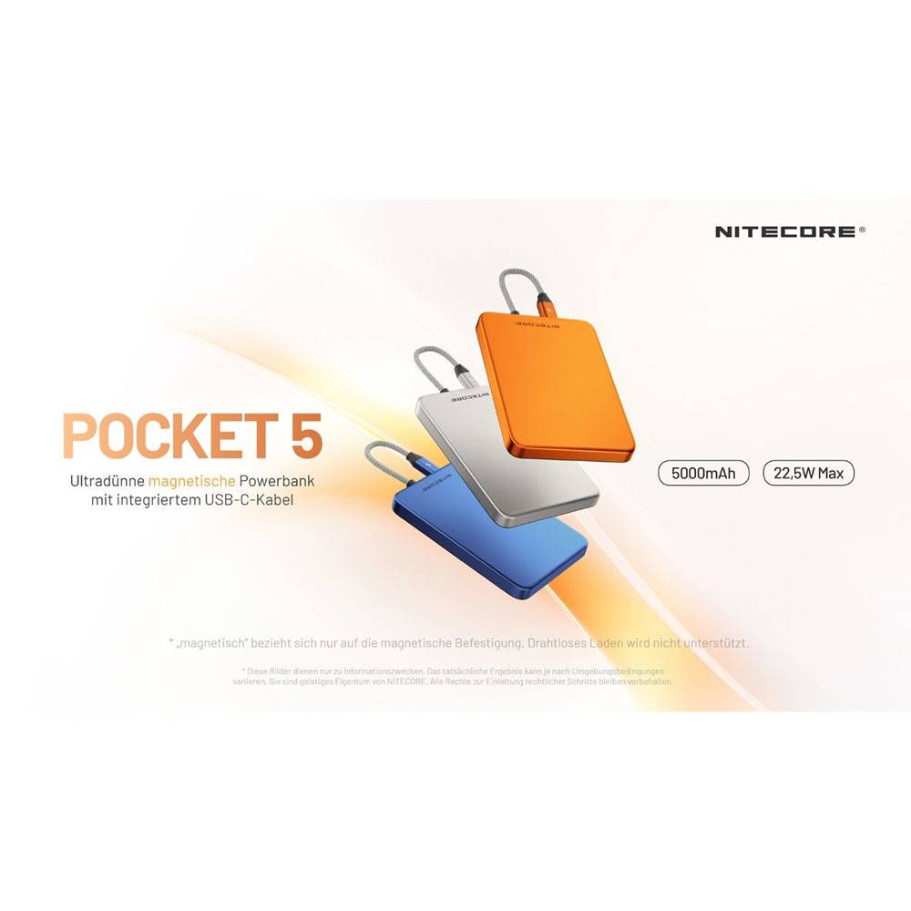 NITECORE Pocket 5 magnetische Powerbank mit drei Farboptionen und integriertem USB-C-Kabel, mit 5000mAh und max. 22,5W gekennzeichnet.