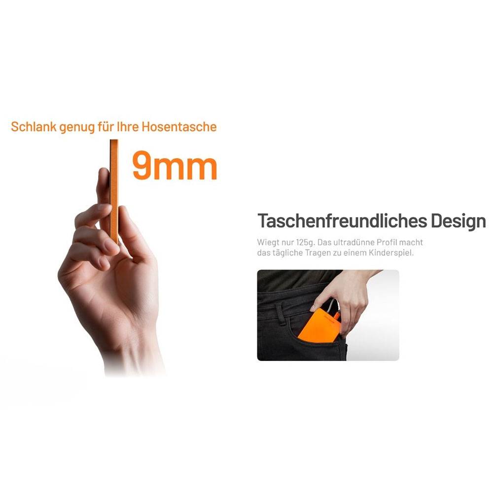 Werbegrafik mit einem ultraflachen 9mm orangefarbenen Gerät, das in eine Hosentasche passt; der Text lautet „Taschenfreundliches Design" und „Schlank genug für Ihre Hosentasche"".