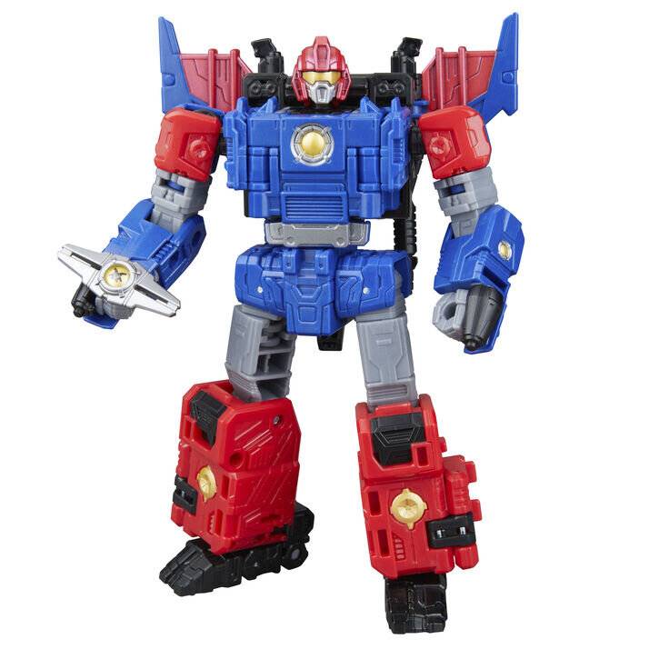 Blauer, roter und grauer Roboter-Actionfigur stehend mit Blick nach vorne, haltend ein silbernes Zubehörteil in einer Hand.