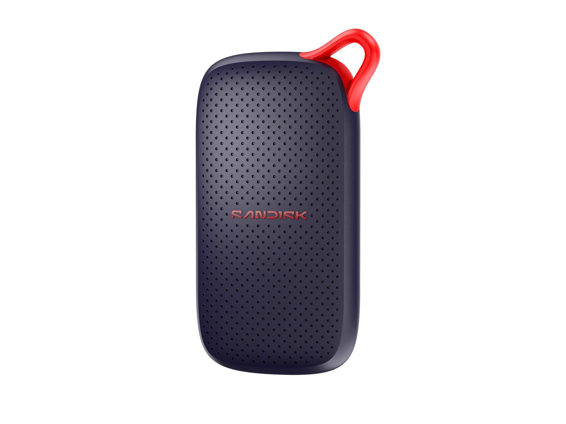 Kompaktes schwarzes tragbares SanDisk-Gerät mit einer roten Schlaufengriff oben.