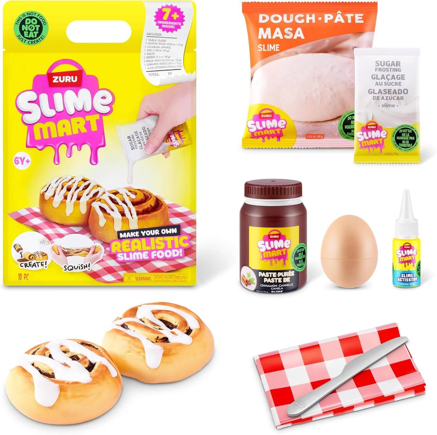 Slime Mart DIY-Schleim-Set Verpackung und Zutaten, die realistische lebensmittelförmige Schleim-Zubehörteile, Werkzeuge und fertige donutförmige Schleimkreationen zeigen.