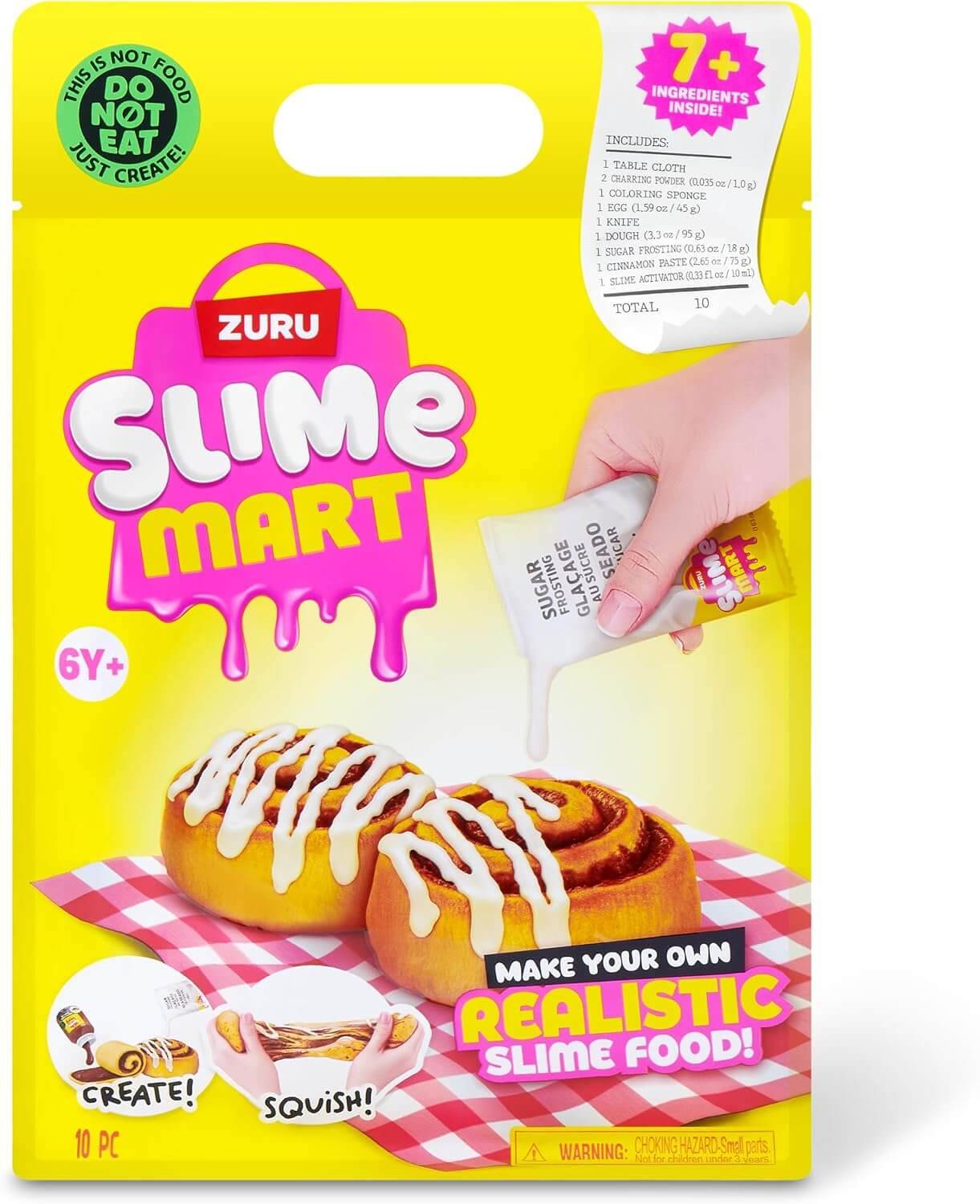 Verpackung für Zuru Slime Mart zum Selbermachen von realistischem Schleim-Essen, ab 6 Jahren, mit 7 enthaltenen Zutaten und einer Illustration einer gießenden Hand.