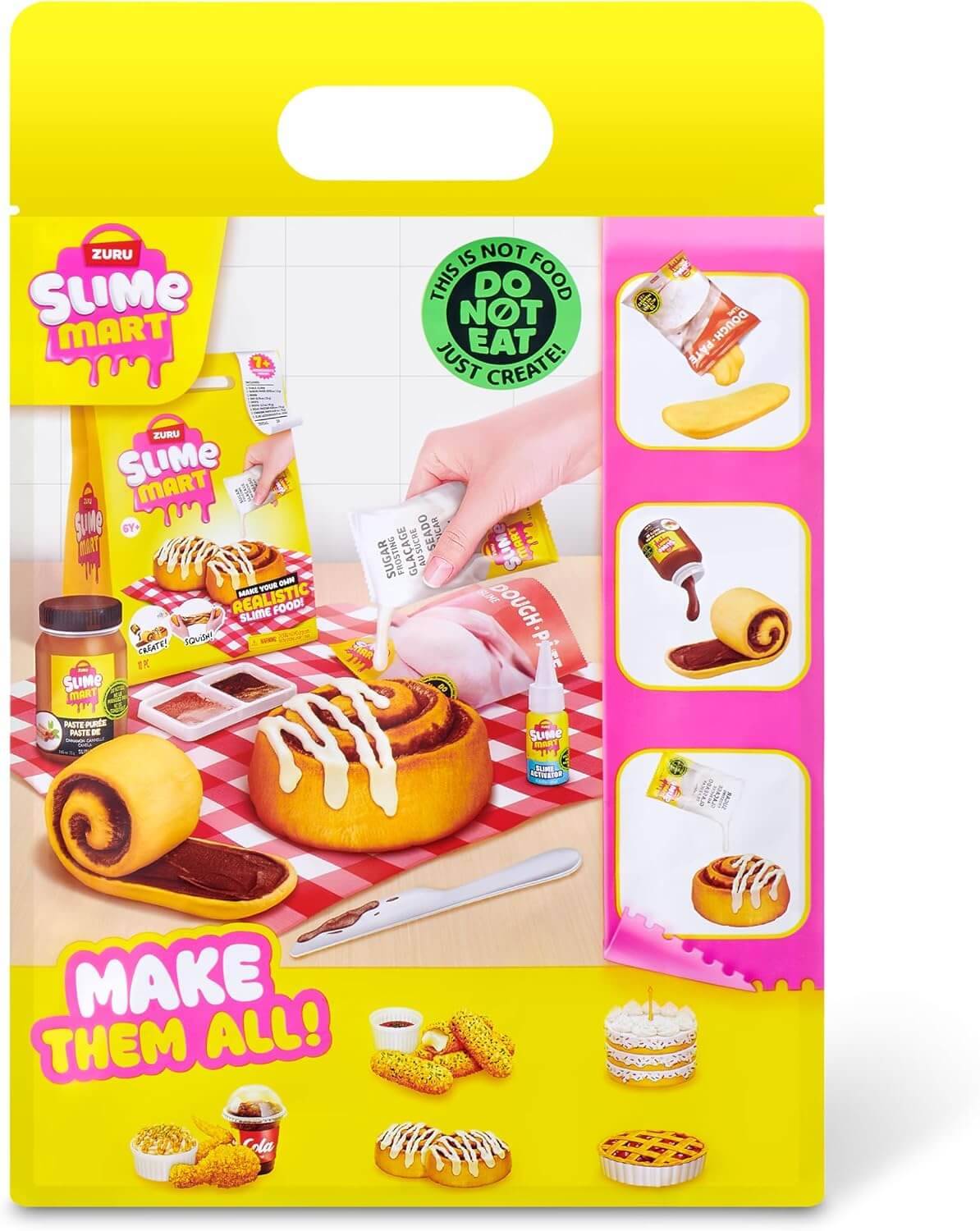 Werbeplakat für Zuru Slime Mart mit lebensmittelförmigen Schleim-Aktivitäten und Verpackung, mit dem Slogan „MACH SIE ALLE!" und einer Warnhinweis „NICHT ESSEN"".