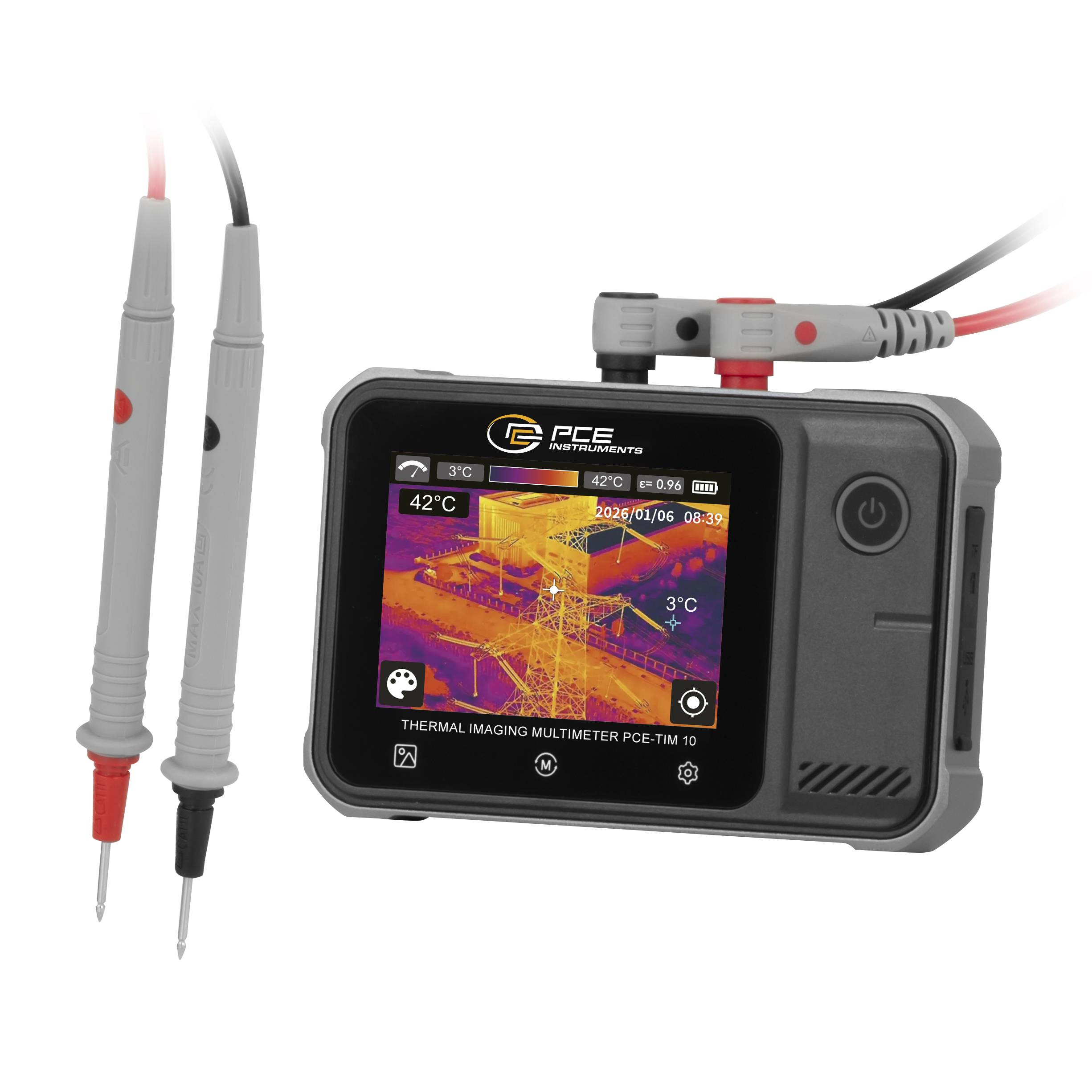 Tragbares Wärmebild-Multimeter mit Messspitzen, das auf seinem Display eine Wärmekameraansicht einer elektrischen Szene anzeigt.