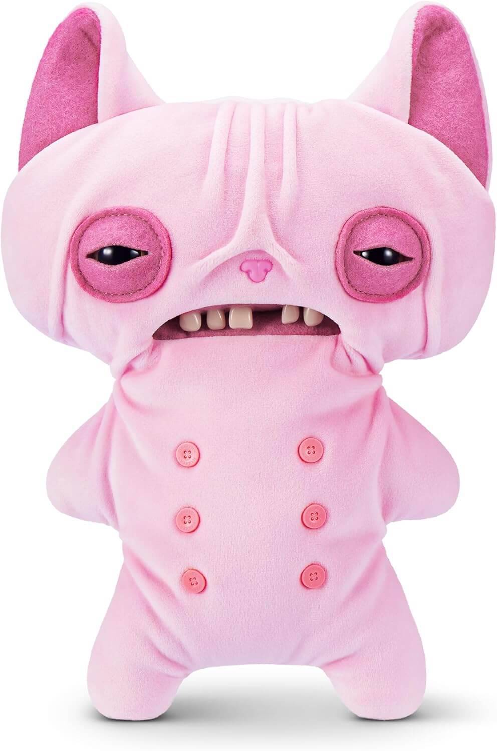 Rosa kuscheliges katzenähnliches Puppen mit großen Ohren, verschlafenen Augen und einem kleinen Körper mit Knöpfen, das auf einem schlichten Hintergrund steht.