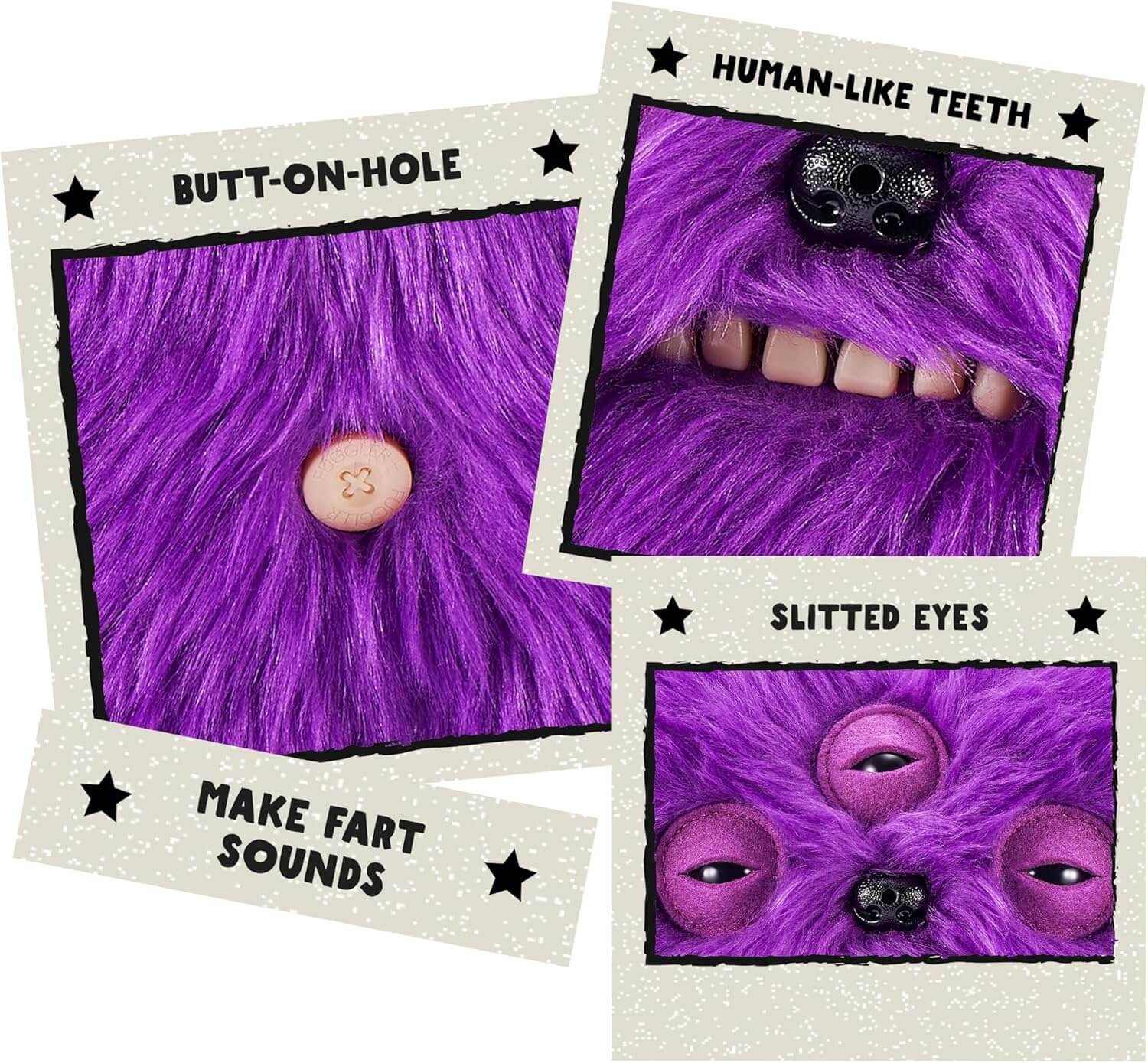 Collage eines lila flauschigen Monstergesichts mit einem Knopfloch, menschenähnlichen Zähnen, Schlitzaugen und einer Nase, mit Beschriftungen, die jedes Merkmal beschreiben.