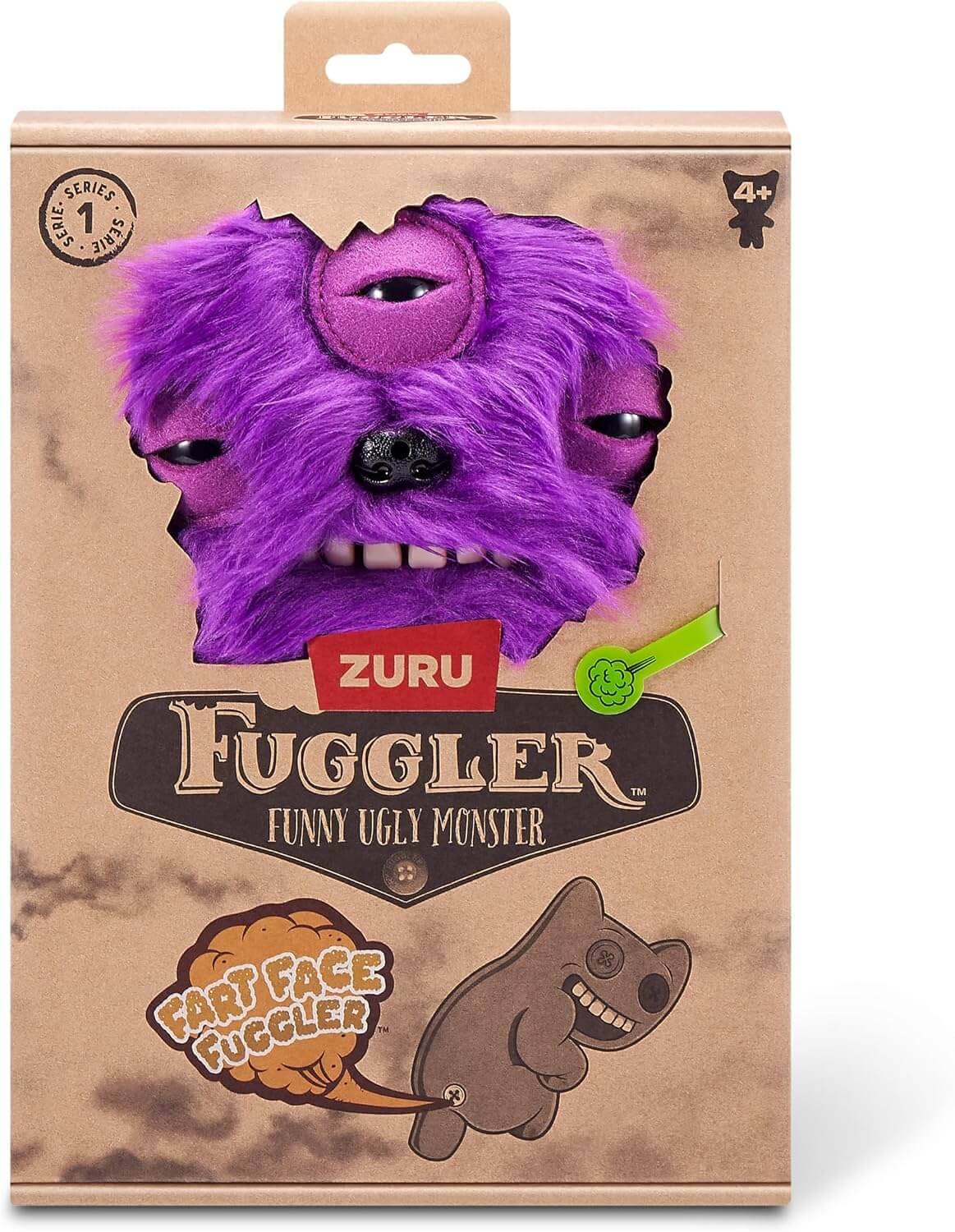 Paket eines lila flauschigen einäugigen Monstersspielzeugs mit der Bezeichnung „ZURU Fuggler" und „Funny Ugly Monster"", mit „Eat Face Fuggler"" und Altersangabe 4+ auf der Schachtel.