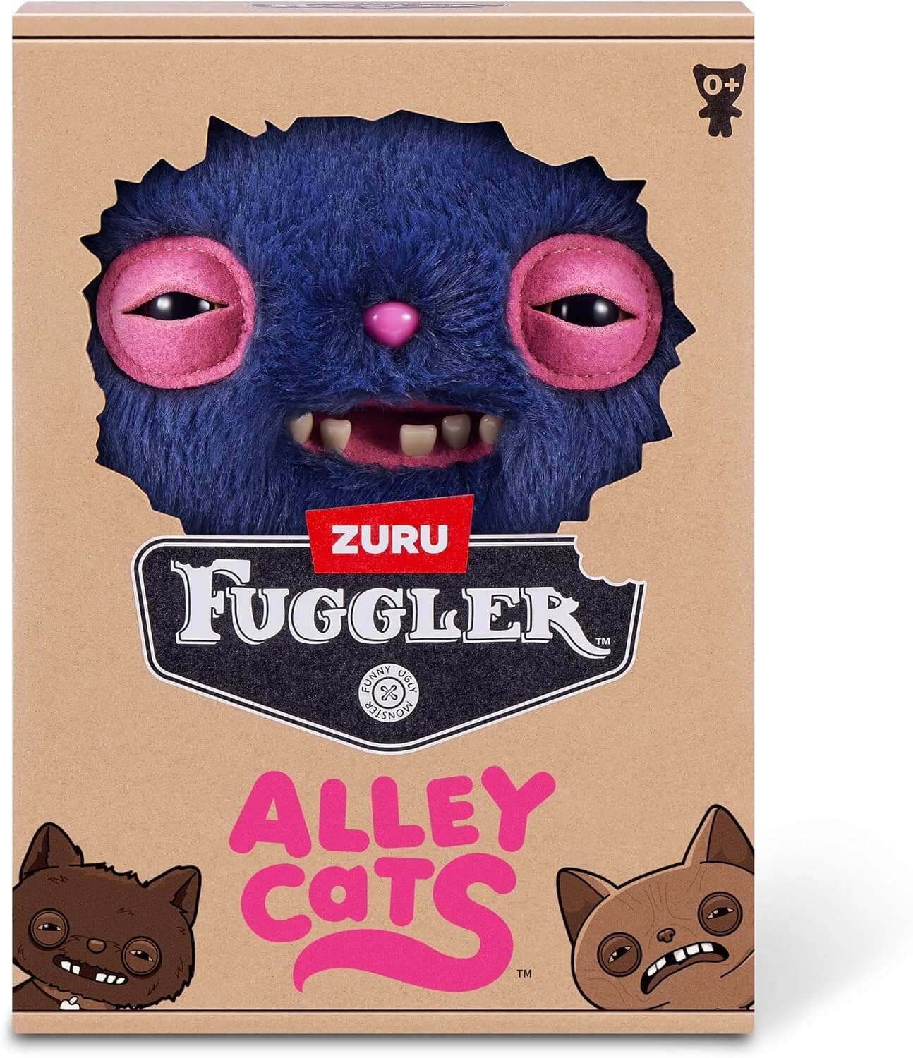 Spielzeugverpackung für Zuru Fuggler 'Alley Cats' Plüschtier, das auf der Vorderseite der Box ein flauschiges blaues Monstergesicht mit rosa Augen und Zähnen zeigt.