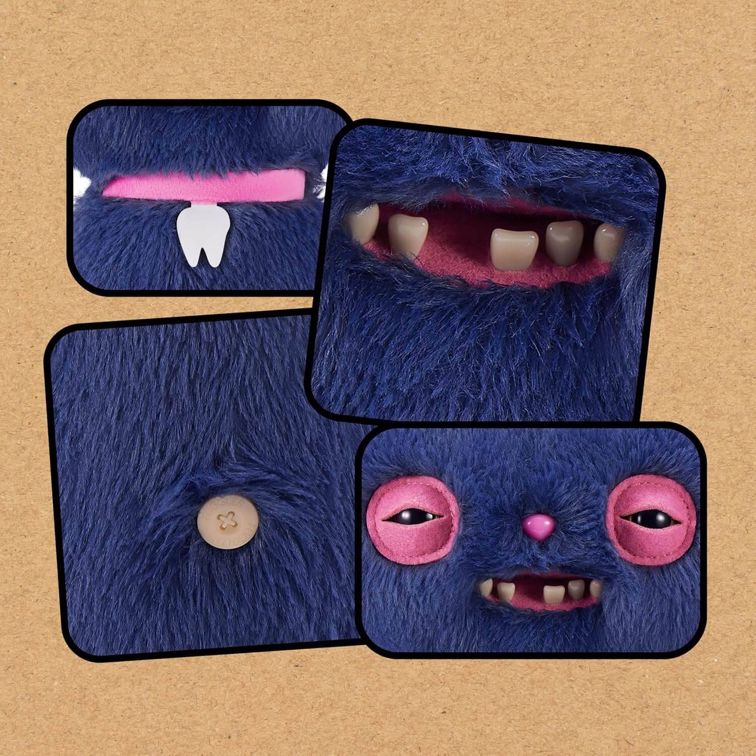 Vier Nahaufnahmen eines blauen pelzigen Monsters mit verschiedenen Mund- und Blickausdrücken, darunter Zähne, eine Zunge und ein Knopf auf seinem Bauch.