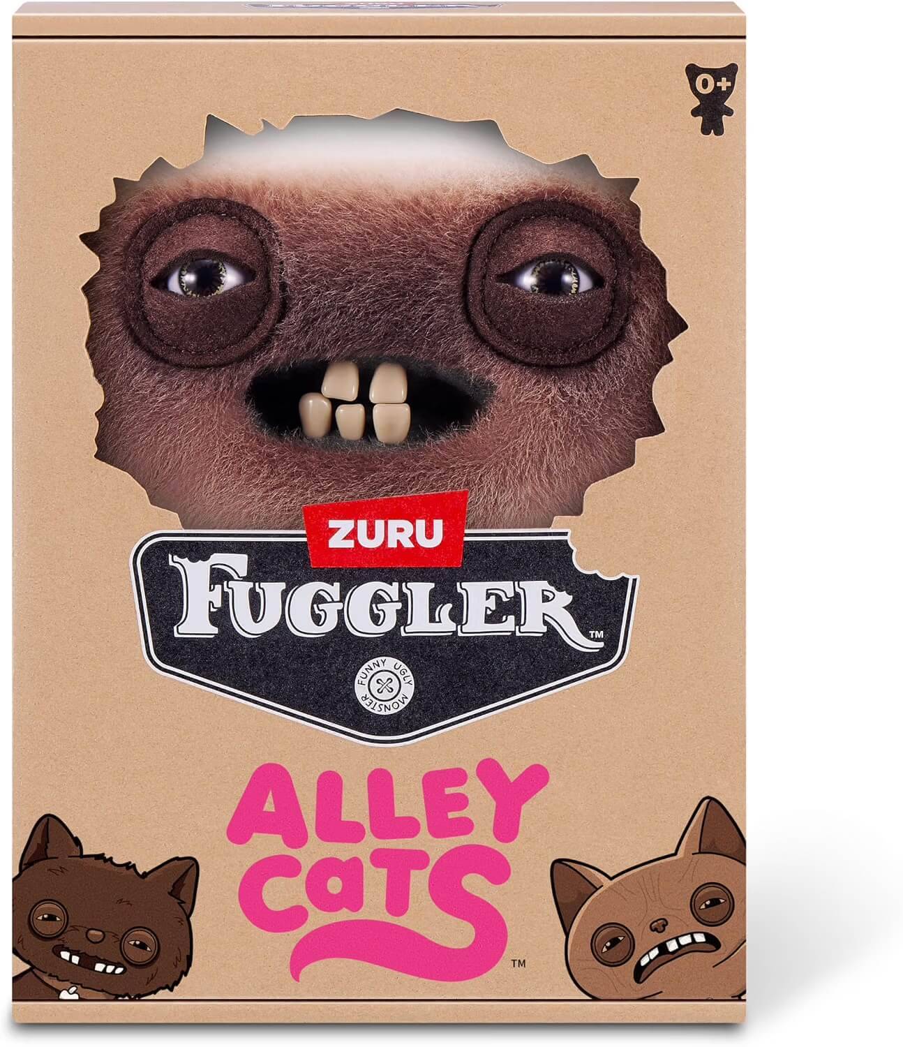 ZURU Fuggler 'Alleykatzen' Plüschspielzeug-Box mit einem felligen Katzengesicht und Zähnen, die durch die Vorderseite herausschauen.