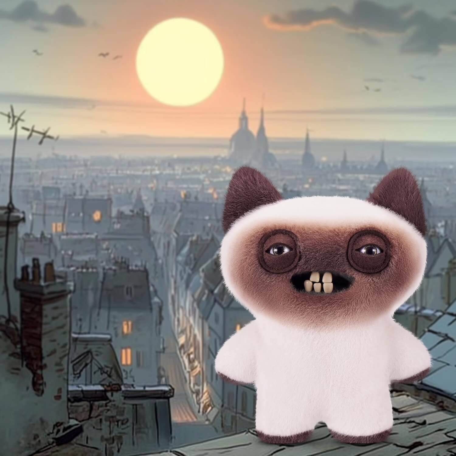 Ein kleiner plüschiger katzenhafter Charakter steht bei Sonnenuntergang auf einem Dach und blickt auf eine Stadtsilhouette mit fernen Kirchentürmen hinab.