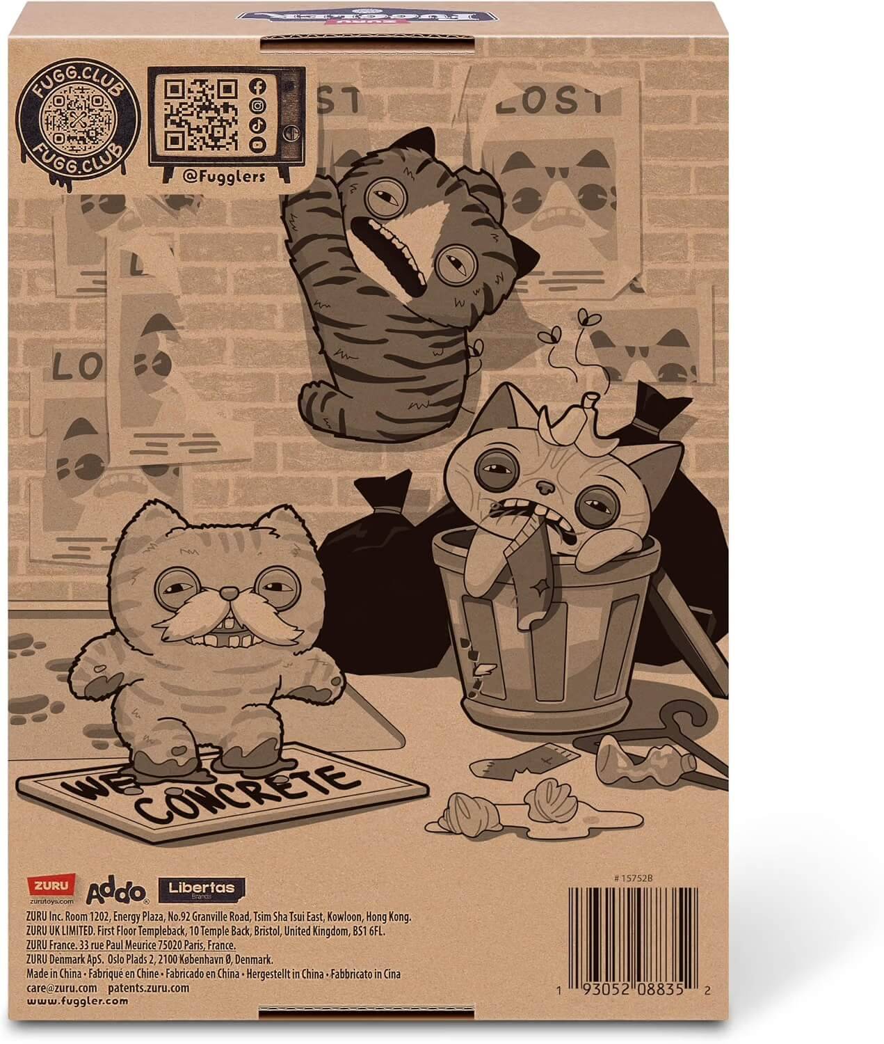Illustrierte katzenbezogene Kunstwerke auf Kartonschachteln mit drei Cartoon-Katzen und einem Ziegelmauer-Hintergrund, Social-Media-Handle @Fuggler und Produktbranding.