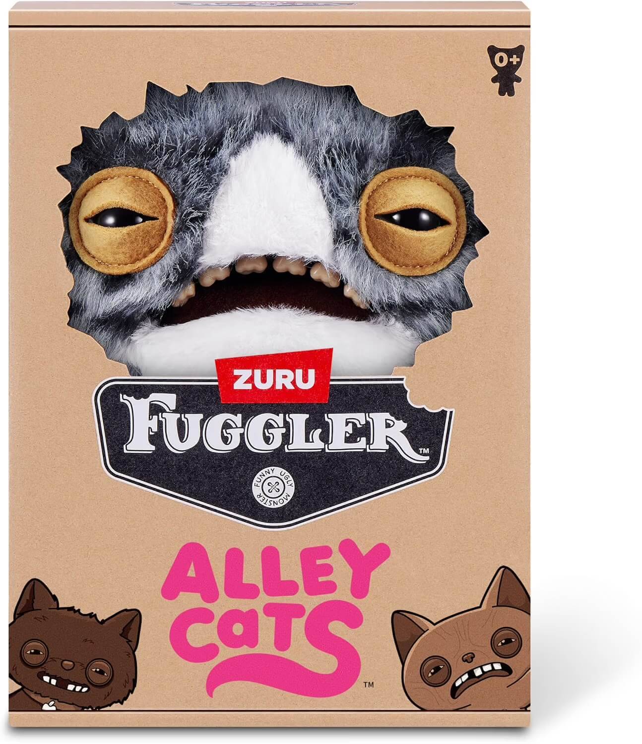 Produktverpackung für Zuru Fuggler „Alley Cats" Plüschspielzeug, das ein flauschiges katzenähnliches Monstergesicht mit gelben Augen und Cartoon-Katzenillustrationen zeigt.