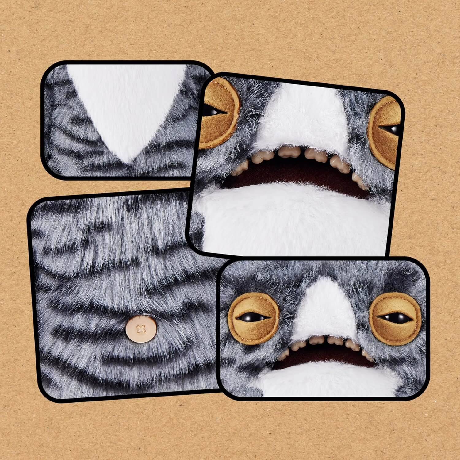 Drei Nahaufnahmen zeigen ein graugestreiftes Plüschspielzeug-Monstergesicht mit gelben Augen, weißer Schnauze und offenem Mund vor einem beige Hintergrund.
