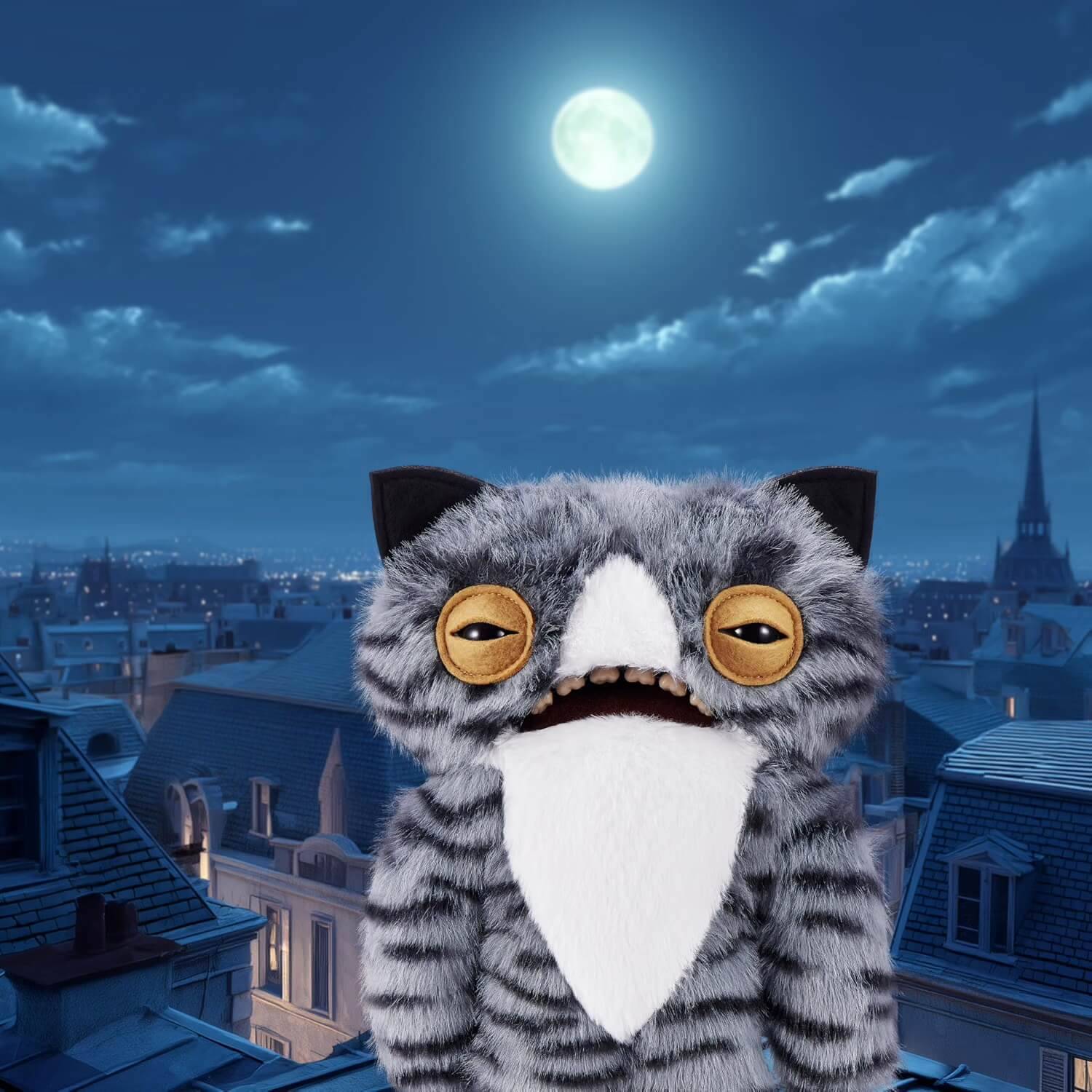 Eine flauschige graugetigerte katzenähnliche Kreatur mit großen Augen sitzt nachts auf einem Dach unter dem Vollmond und überblickt eine Stadtsilhouette.