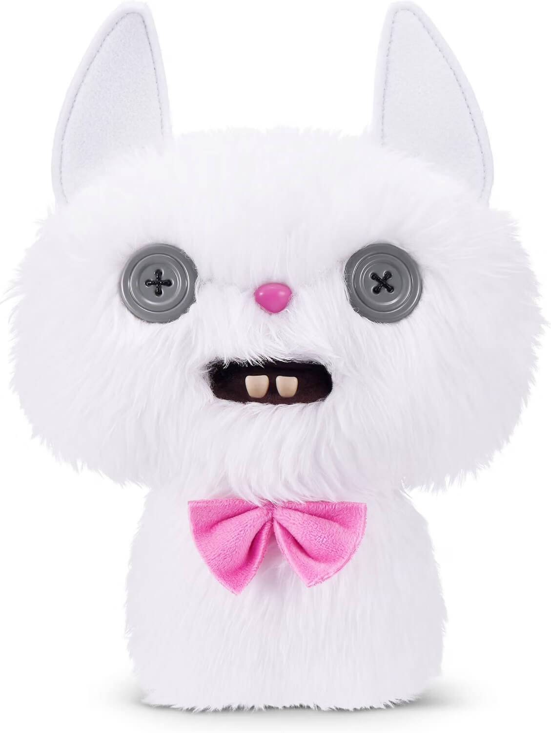 Weiches, flauschiges Katzenplüschtier mit spitzen Ohren, Knopfaugen, rosa Nase, Zahnlücke, und rosa Fliege auf neutralem Hintergrund.