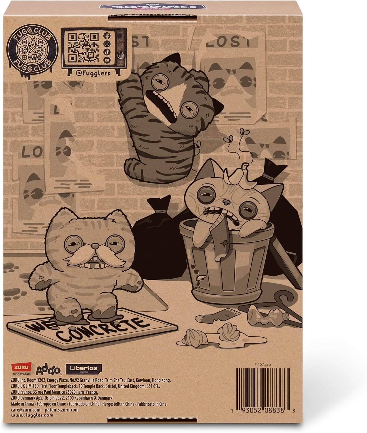 Illustrierte Fugg Club katzenmotivierte Box mit drei Cartoon-Katzen an einer Backsteinmauer, Logo und @FuggIers-Etikett oben links und kleinem Produkttext entlang des Bodens.