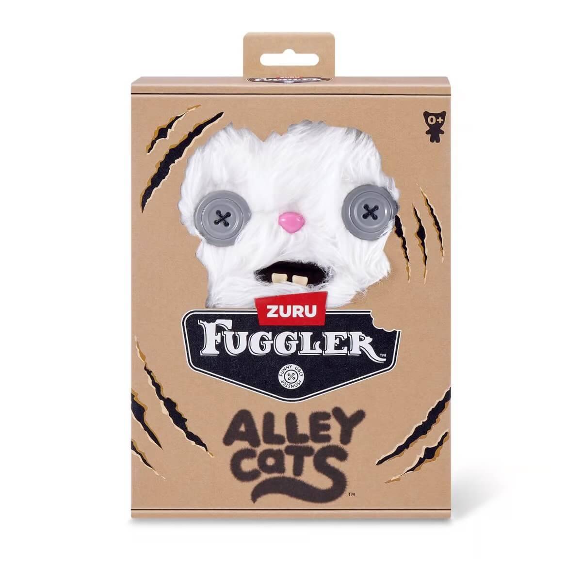 Verpackte ZURU Fuggler Alley Cats Plüschtier mit weißem flauschigem Gesicht, Knopfaugen und rosa Nase auf brauner Verpackung.