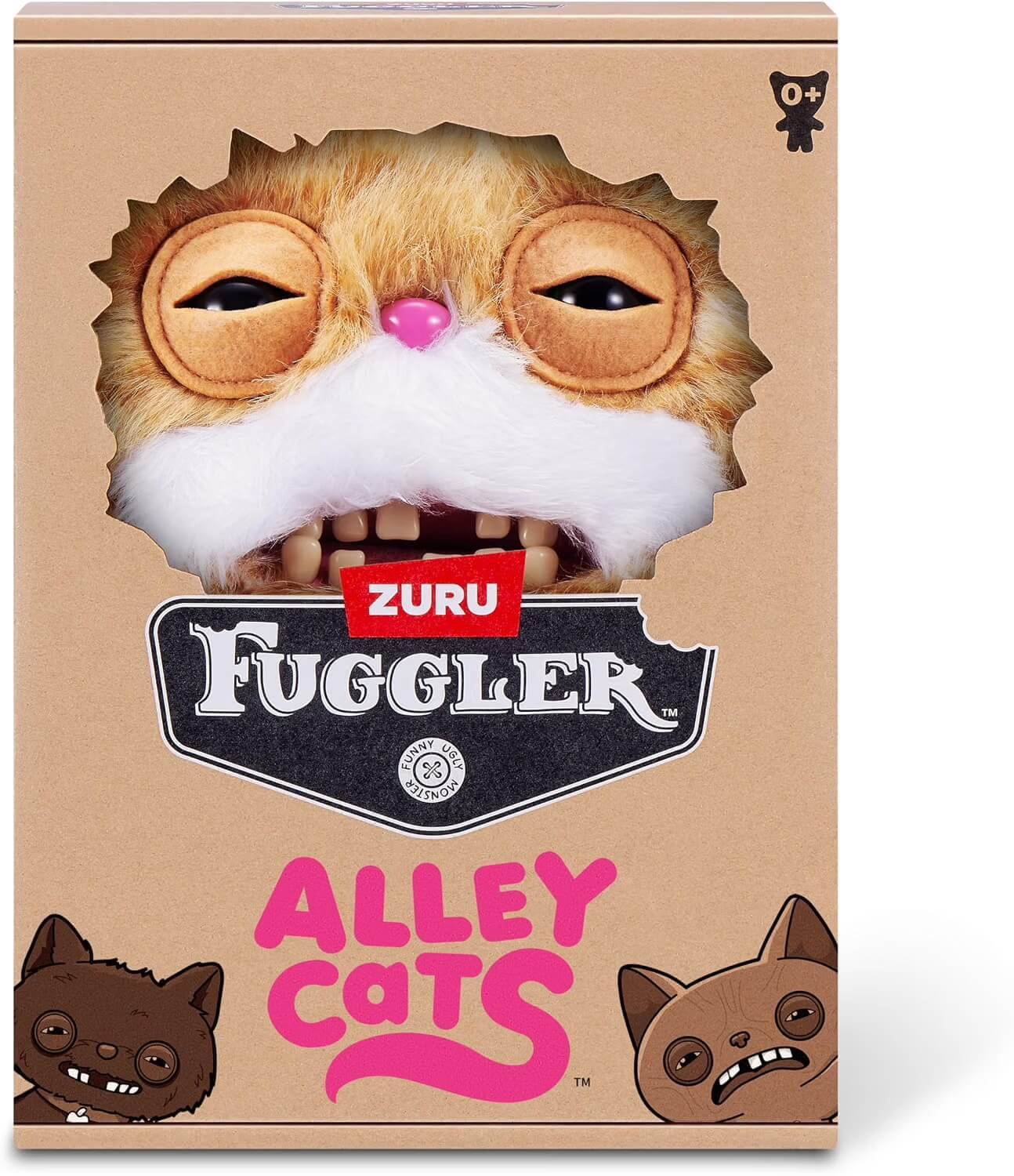 Produktbox für ZURU Fuggler „Alley Cats" Plüsch-Monstersspielzeug mit Katzengesicht mit großen Augen, Zähnen und weißem Fell auf beigefarbener Verpackung.