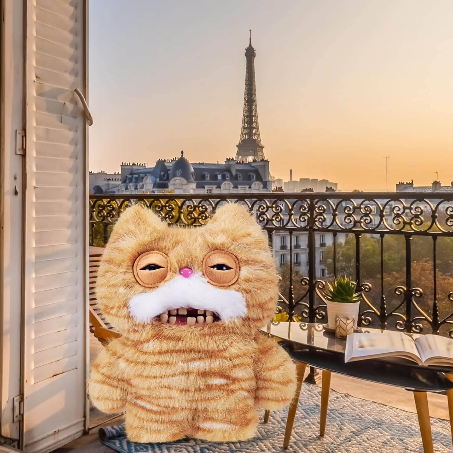 Flauschige orange Katzenpuppe, die auf einem Pariser Balkon bei Sonnenuntergang steht, mit dem Eiffelturm im Hintergrund und einem offenen Buch auf einem Tisch.