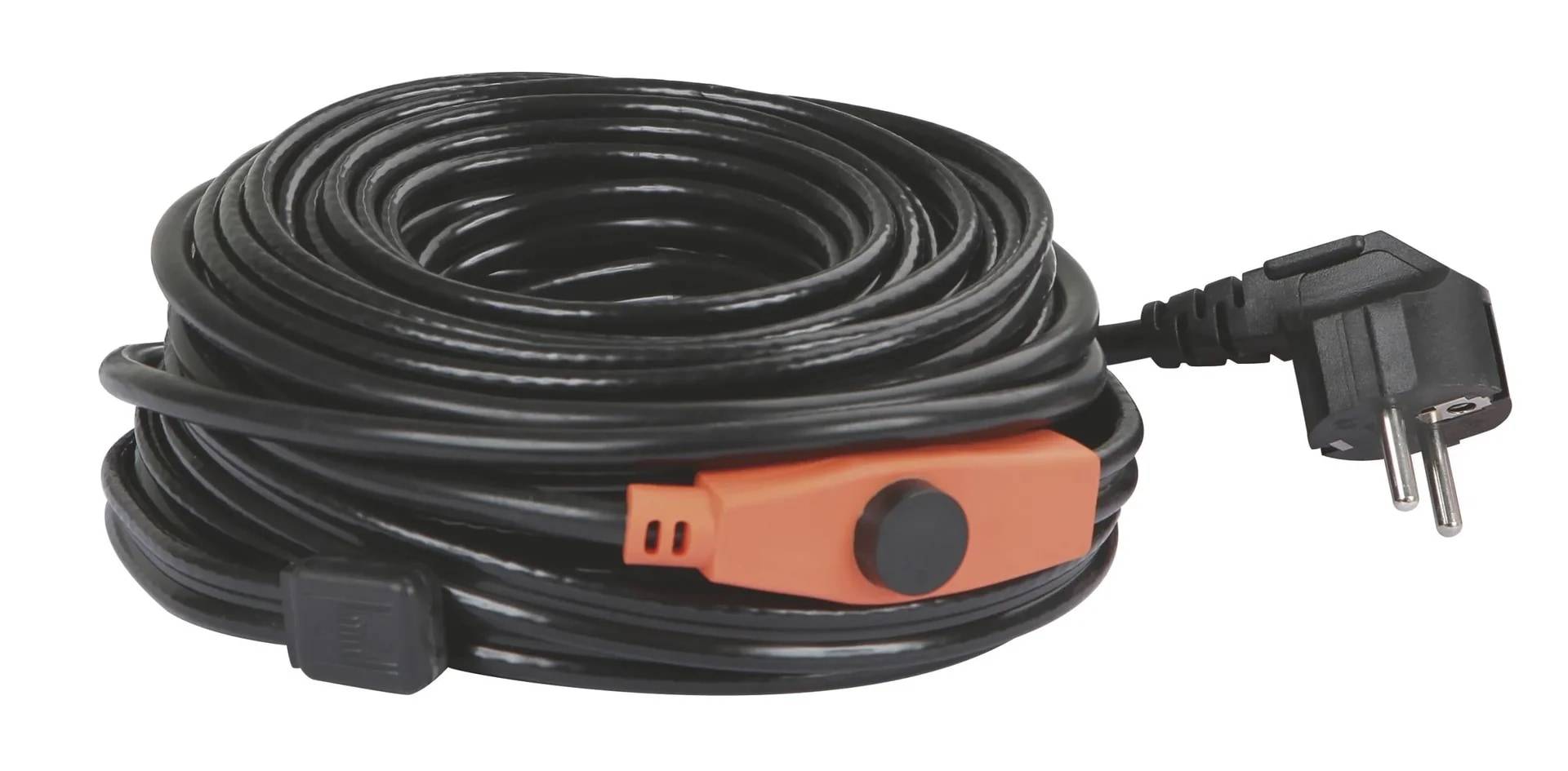 Aufgerolltes schwarzes Verlängerungskabel mit einem orangefarbenen Inline-Schalter und einem zweipoligen Stecker auf der rechten Seite.