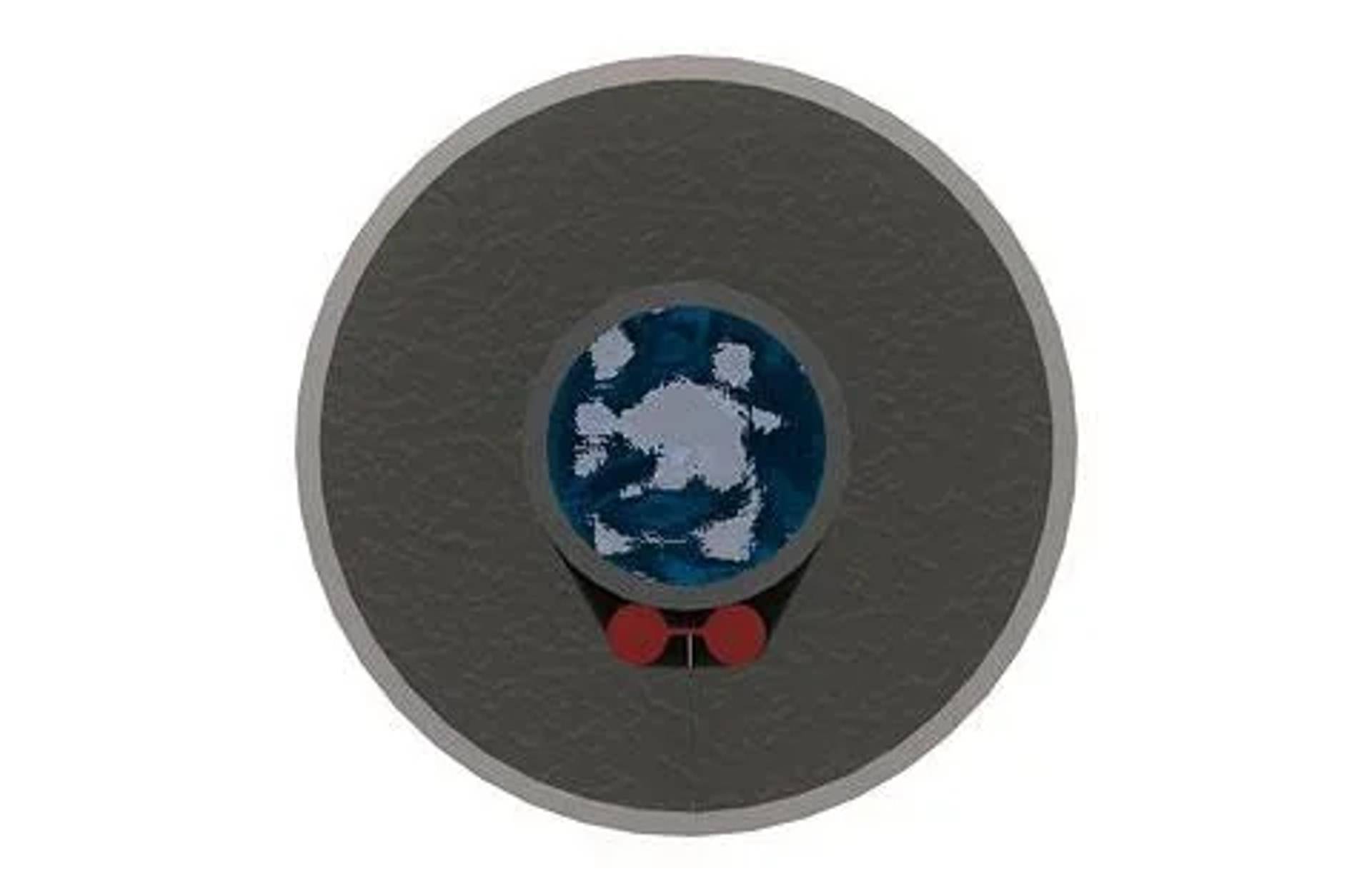 Stilisierte Globus zentriert in einem dunklen kreisförmigen Ring, mit zwei kleinen roten Kreisen am unteren Rand, ähnlich einem Logo oder Symbol.