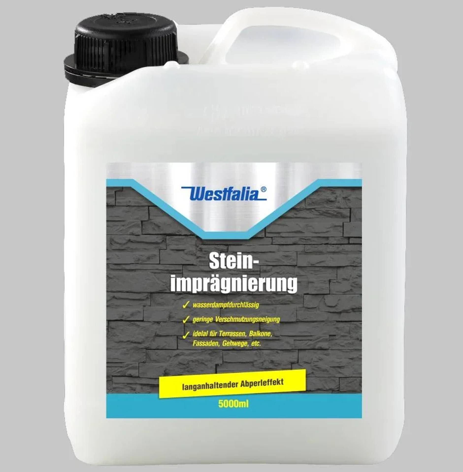 Weiße Kunststoffkanister von Westfalia 'Stein-imprägnierung' Steinimprägnierung, 5000 ml, mit schwarzem Verschluss und Steinmauer-Etikett.