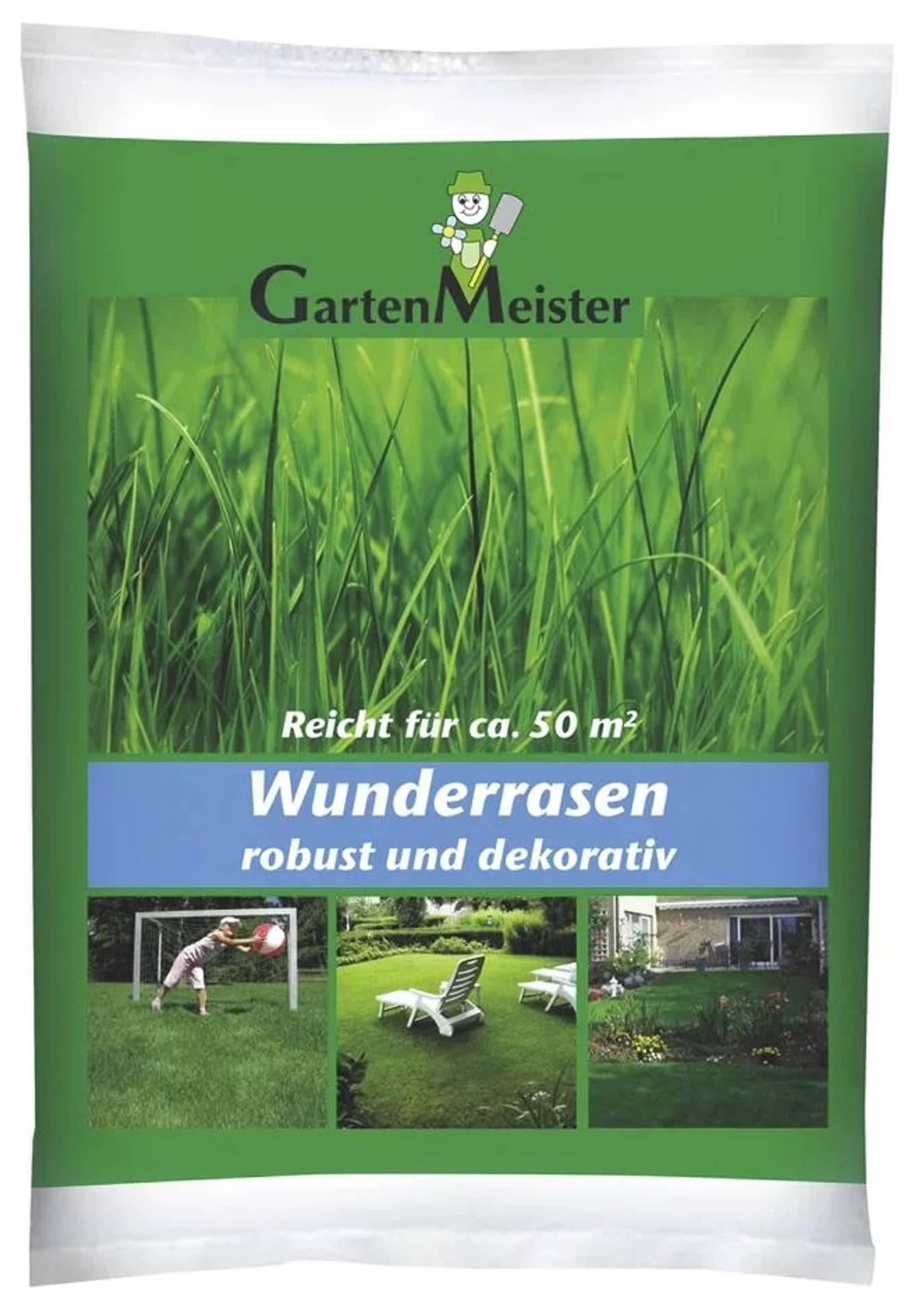 Paket von GartenMeister 'Wunderrasen' Rasensamen, gekennzeichnet mit 'Reicht für ca. 50 m²' und 'robust und dekorativ', mit Gras- und Gartenfotos.