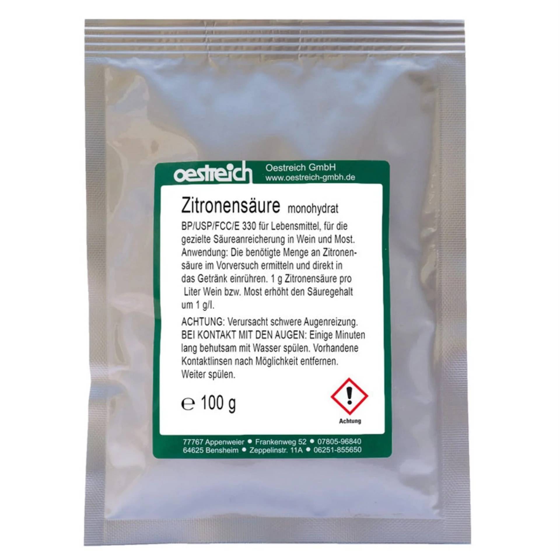 Packung Citronensäure-Monohydrat, 100 g, mit deutschem Etikett und Gefahrensymbol.