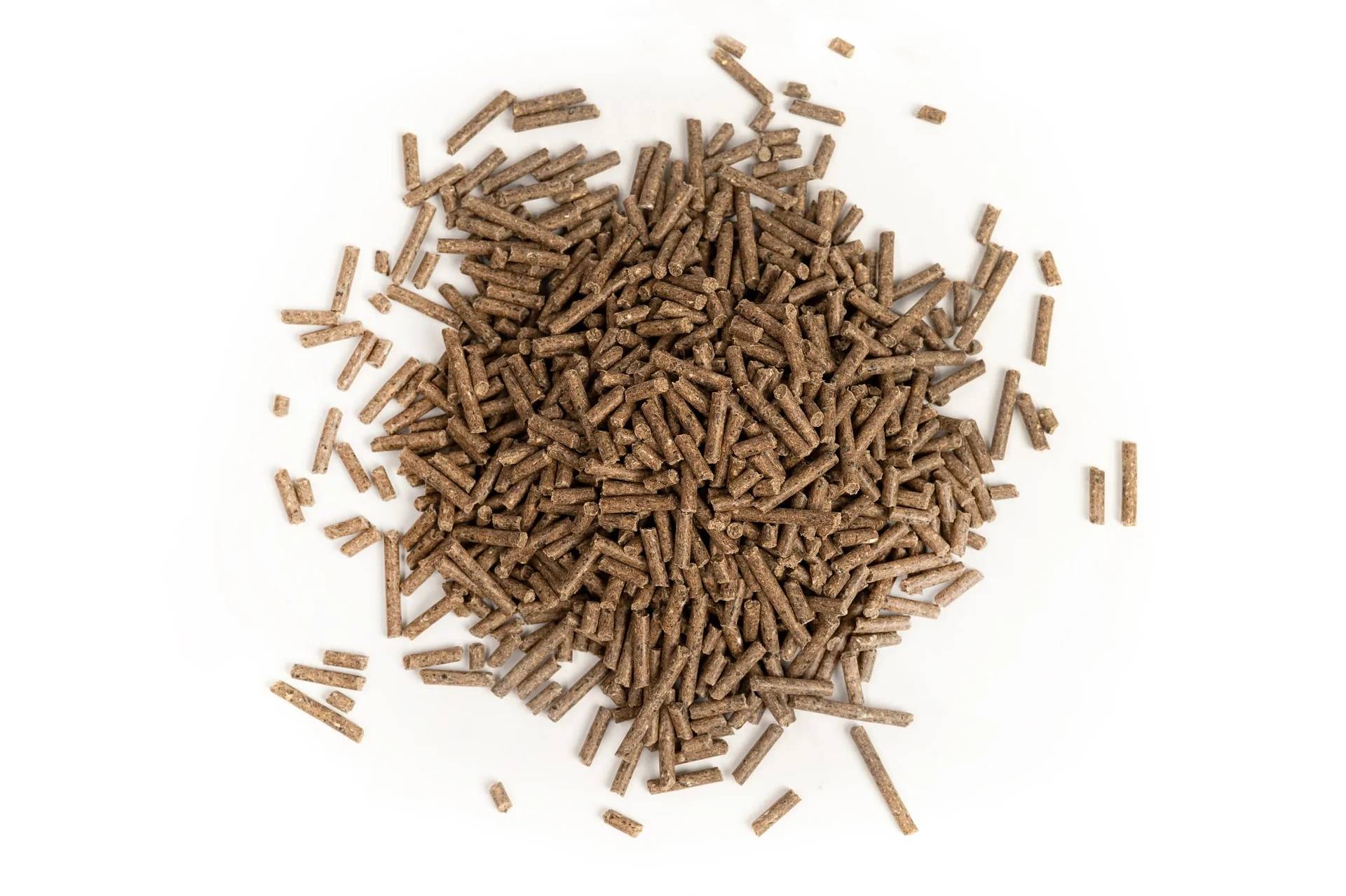 Ein Haufen braun gefärbter pelletförmiger Futter- oder Holzpellets, die auf weißem Hintergrund verstreut sind.