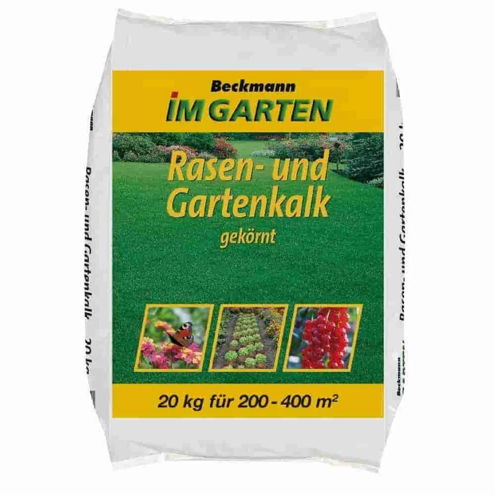 Sack Beckmann 'Im Garten' Rasen- und Gartenkalk, 20 kg für 200-400 m², abgebildet auf einer grün/gelben Verpackung.