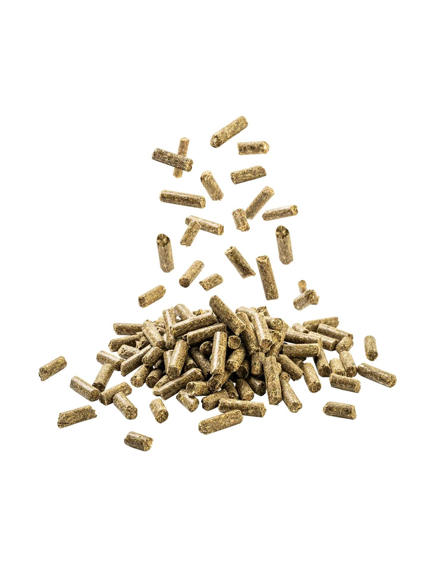 Haufen aus beigen zylindrischen Pellets mit weiteren Pellets, die von oben darauf fallen, vor weißem Hintergrund.