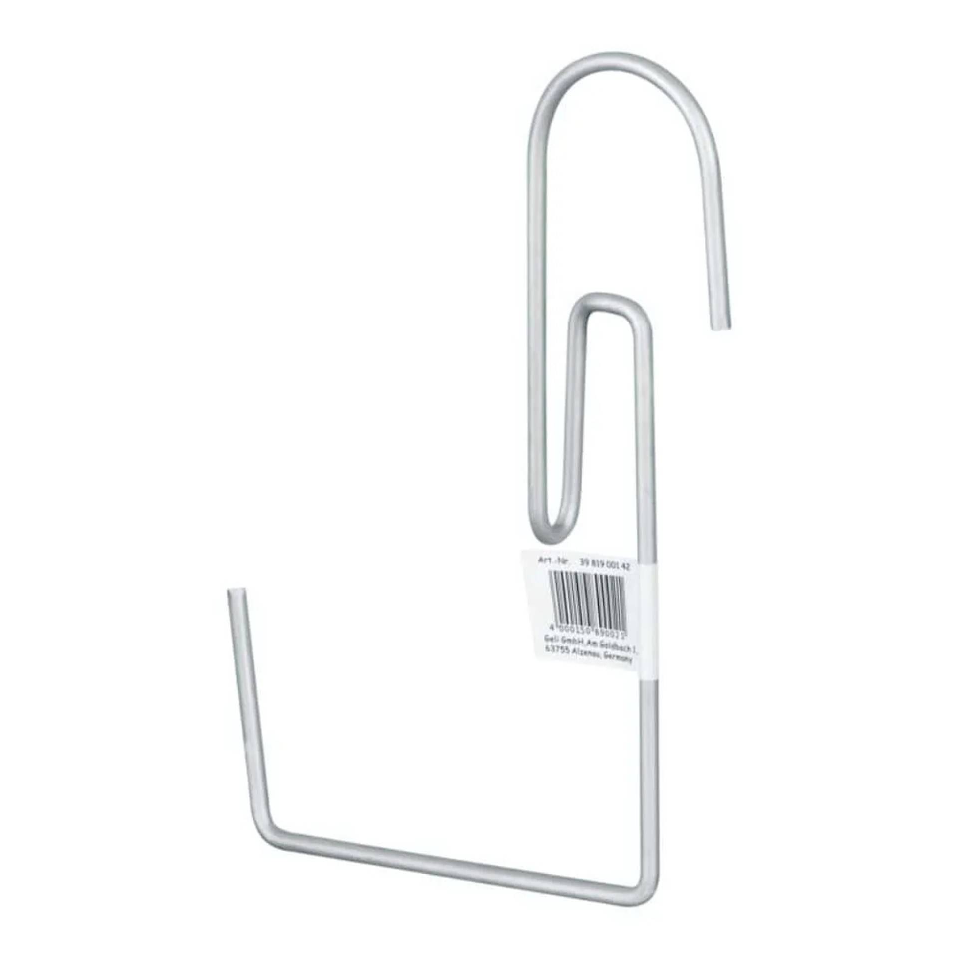 Silberner metallischer S-förmiger Hängehaken mit Barcode-Etikett auf weißem Hintergrund.